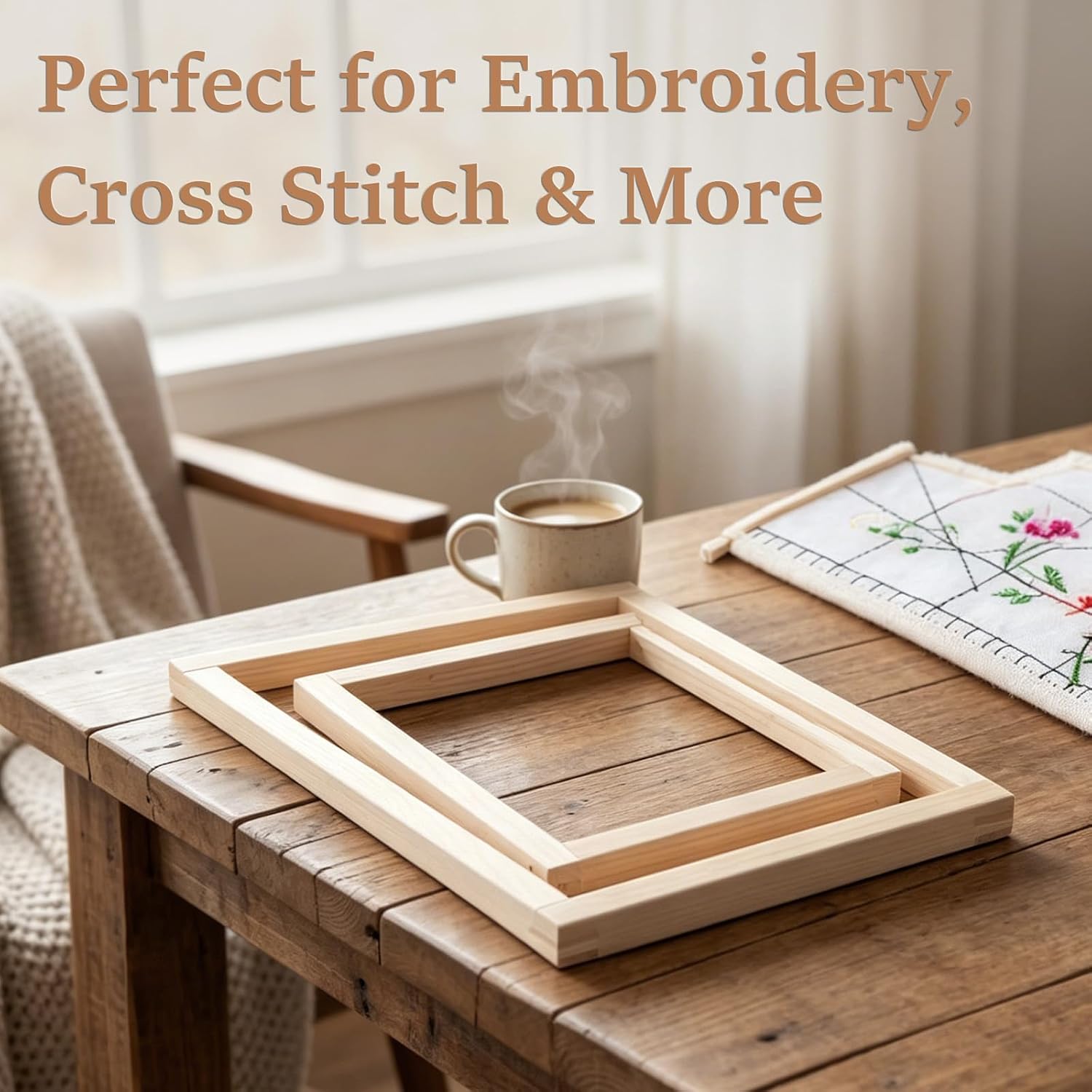24 Pcs 6 Sizes Needlepoint Stretcher Bars Set, Wooden Canvas Stretcher Bars for Needlework with 100 Tacks, Rubber Mallet, Scissors, Tack Remover & Wall Hooks, Embroidery Cross-Stitch Frame Kit