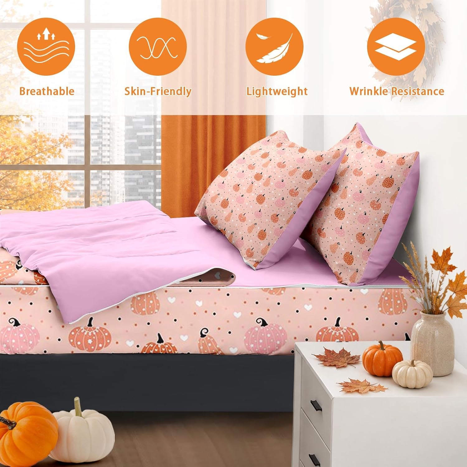 Nesker Fall Pumpkin Twin Zipper Bedding for Kids, 3-Piece-All-in-one