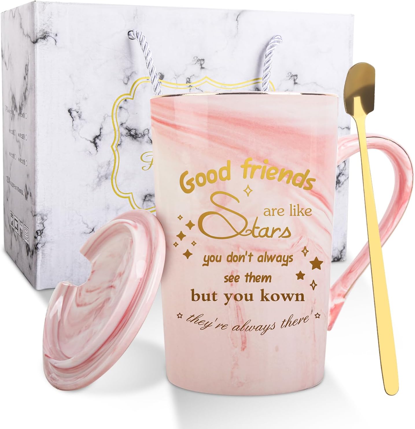Belillpipi Birthday Gifts for Friends, Funny Ceramic Marble Mug, Christmas Gifts for Women, Personalised Birthday Gift, Coffee Tea Cup Printed with Good Friends are Like Stars