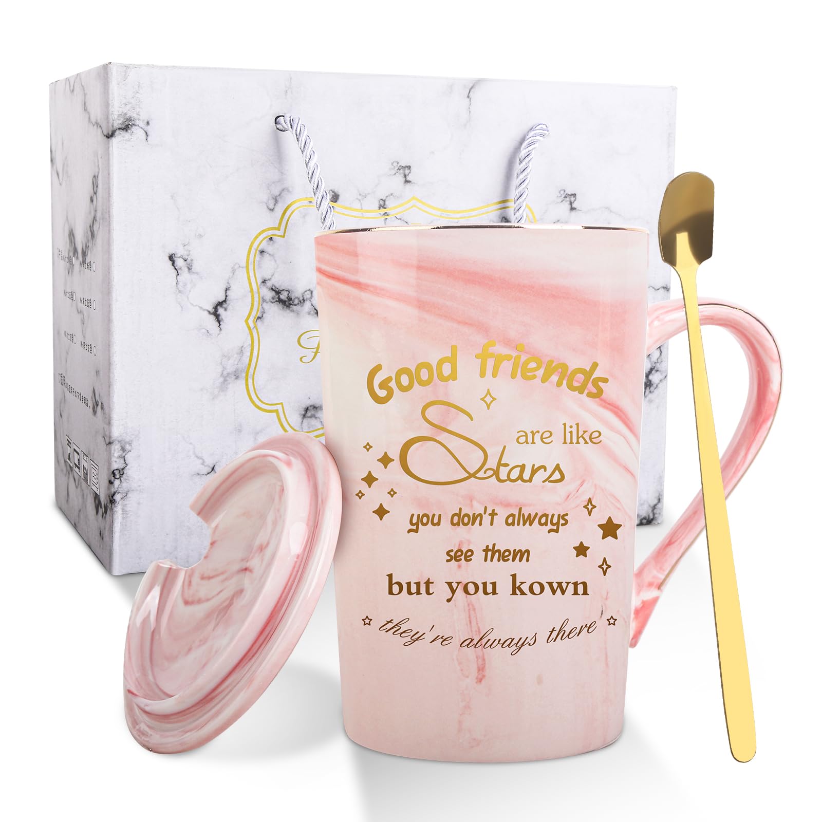 Belillpipi Birthday Gifts for Friends, Funny Ceramic Marble Mug, Christmas Gifts for Women, Personalised Birthday Gift, Coffee Tea Cup Printed with Good Friends are Like Stars