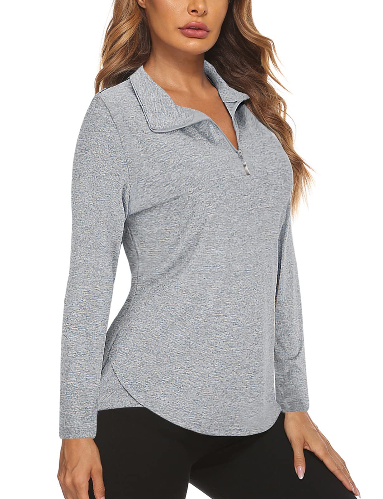Koscacy Workout Tops for Women Long Sleeve, Shirts V Neck Half Zip Golf Pullover for Ladies Gym Training Outdoor Sports Shirts Workout Tennis Top Light Grey Large