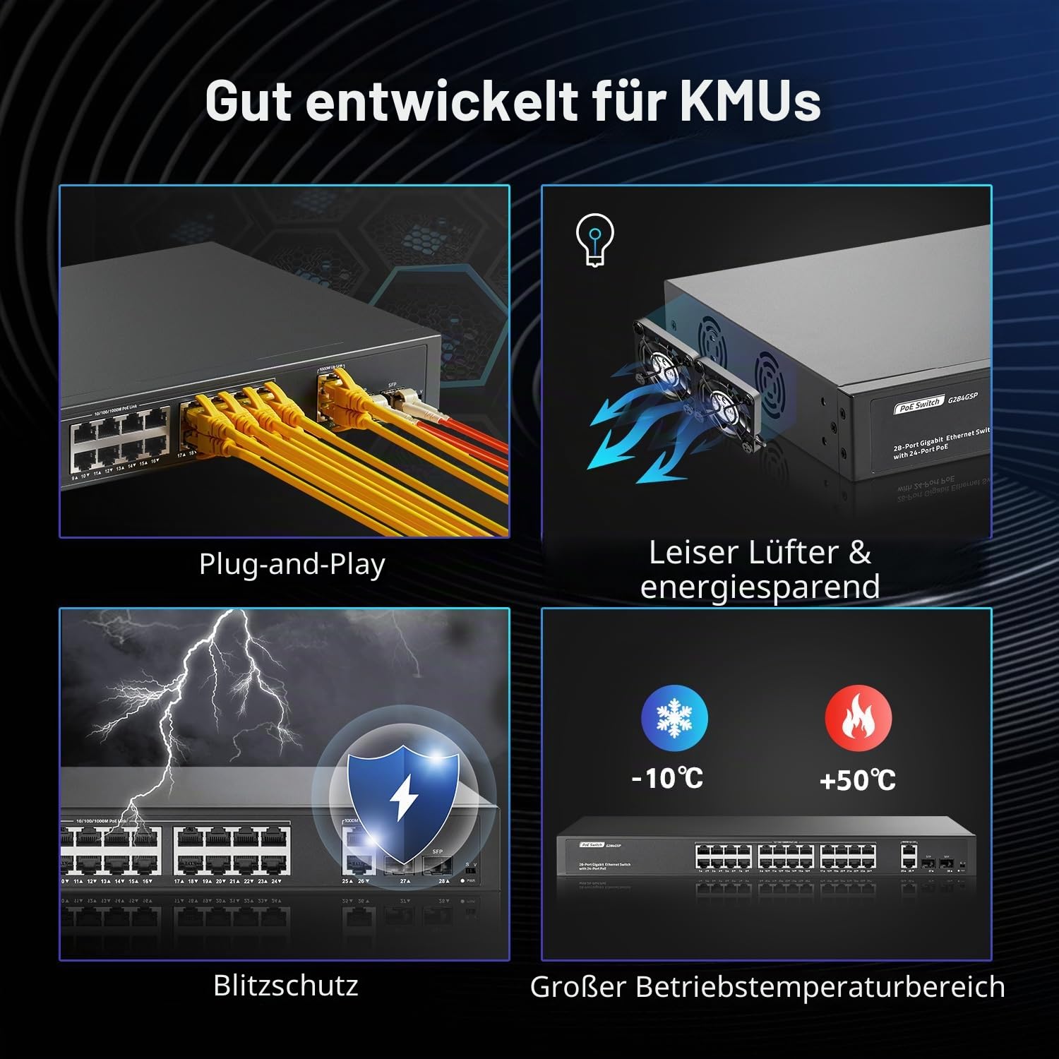 YuLinca 24 Port Gigabit PoE Switch mit 2 GE Uplink, 2 Gigabit SFP, IEEE802.3af/at Max 400W, Unmanaged Rackmount Switch mit VLAN und AI Watchdog