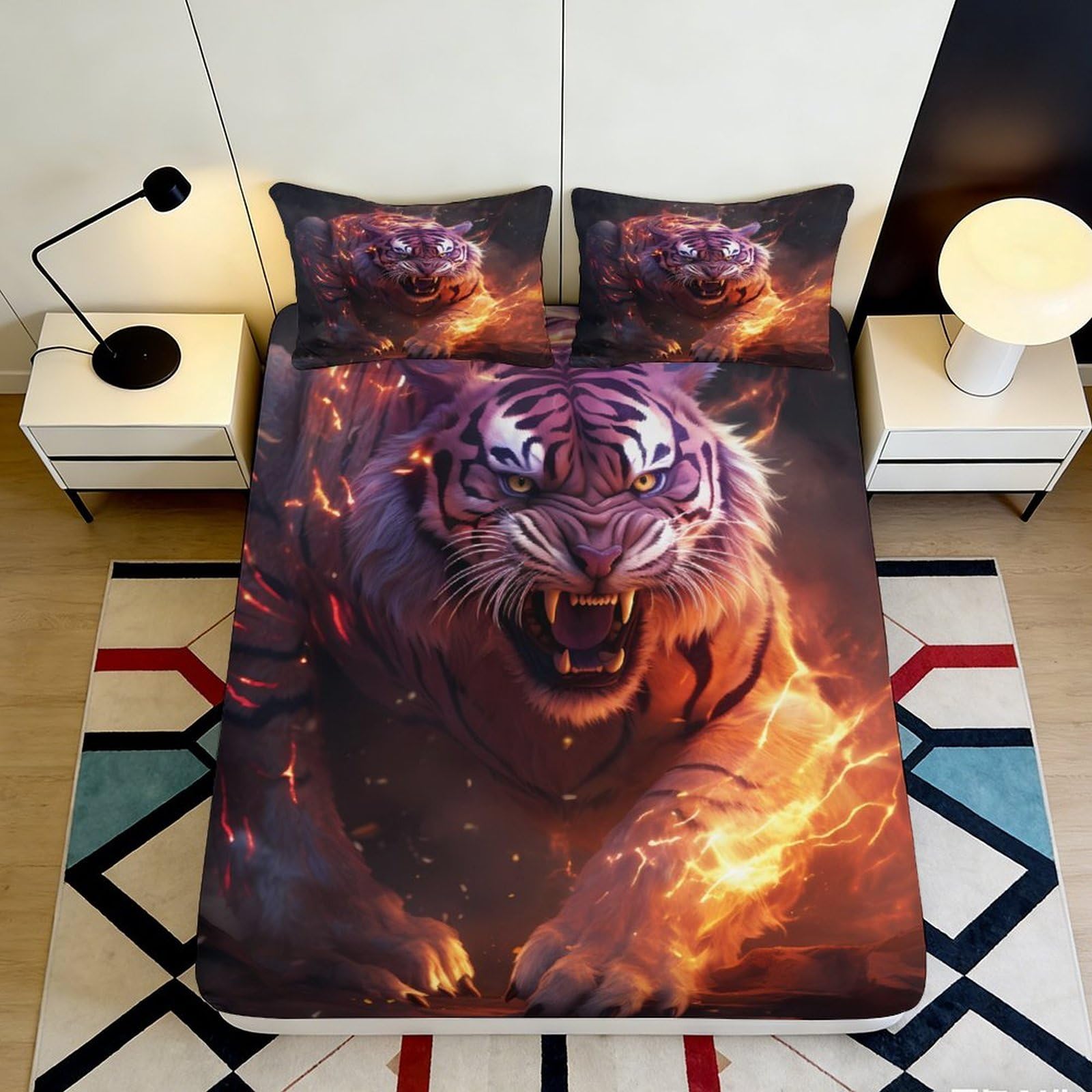 3D Printed Fiery Tiger Fitted Sheet Microfiber Anti-Slip Mattress Cover for Bedroom Decor Dustproof Washable 90x200x25cm