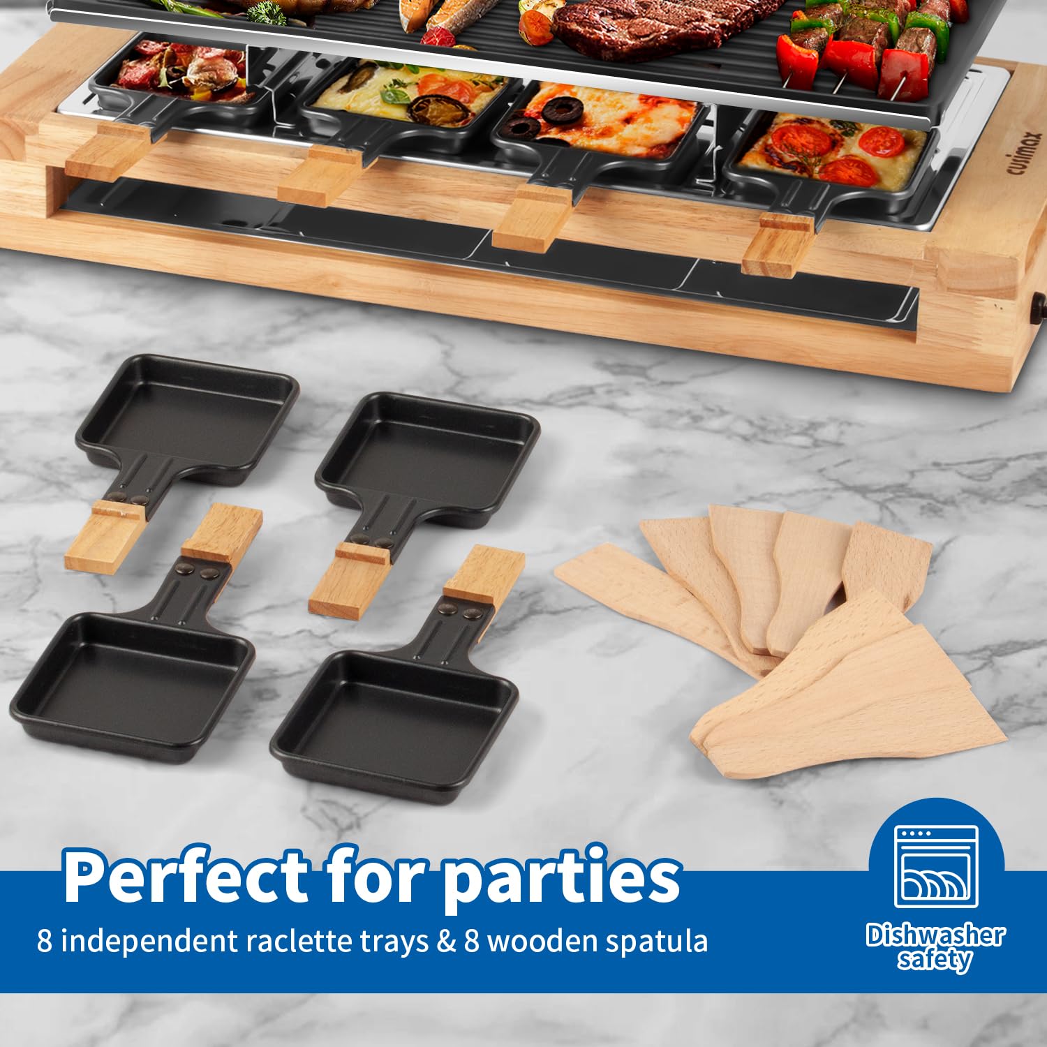 Parrilla de mesa de raclette para interiores, parrilla eléctrica de 1500 W con placa antiadherente reversible 2 en 1/base de madera, parrilla de fiesta con 8 bandejas y espátulas de madera, 6