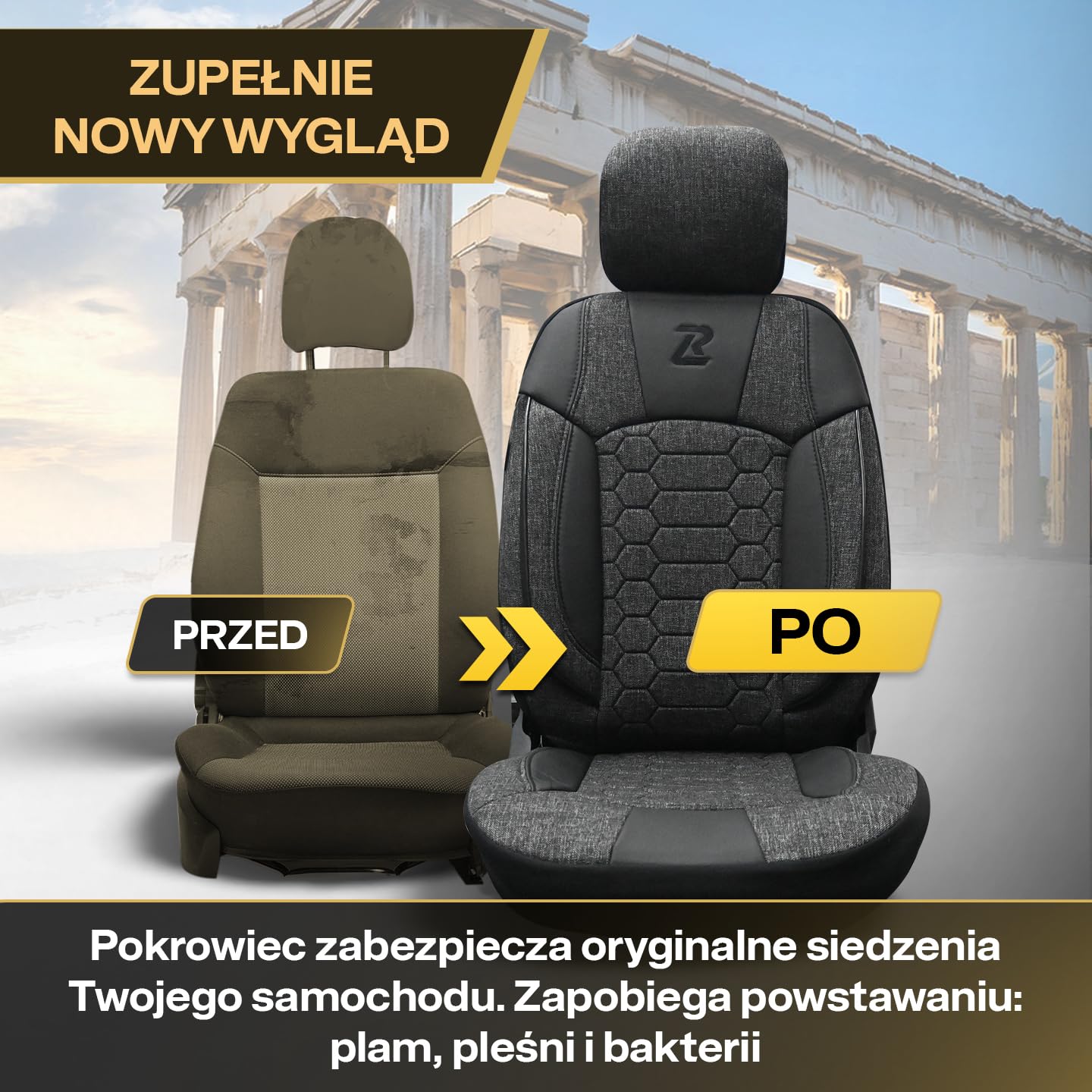 LUCARO Uniwersalne pokrowce na fotele samochodowe z ekoskóry OLIMP Szaro-czarny Pełny Zestaw - idealny zestaw pokrowców na fotele samochodowe jako akcesorium - chroni fotele samochodowe
