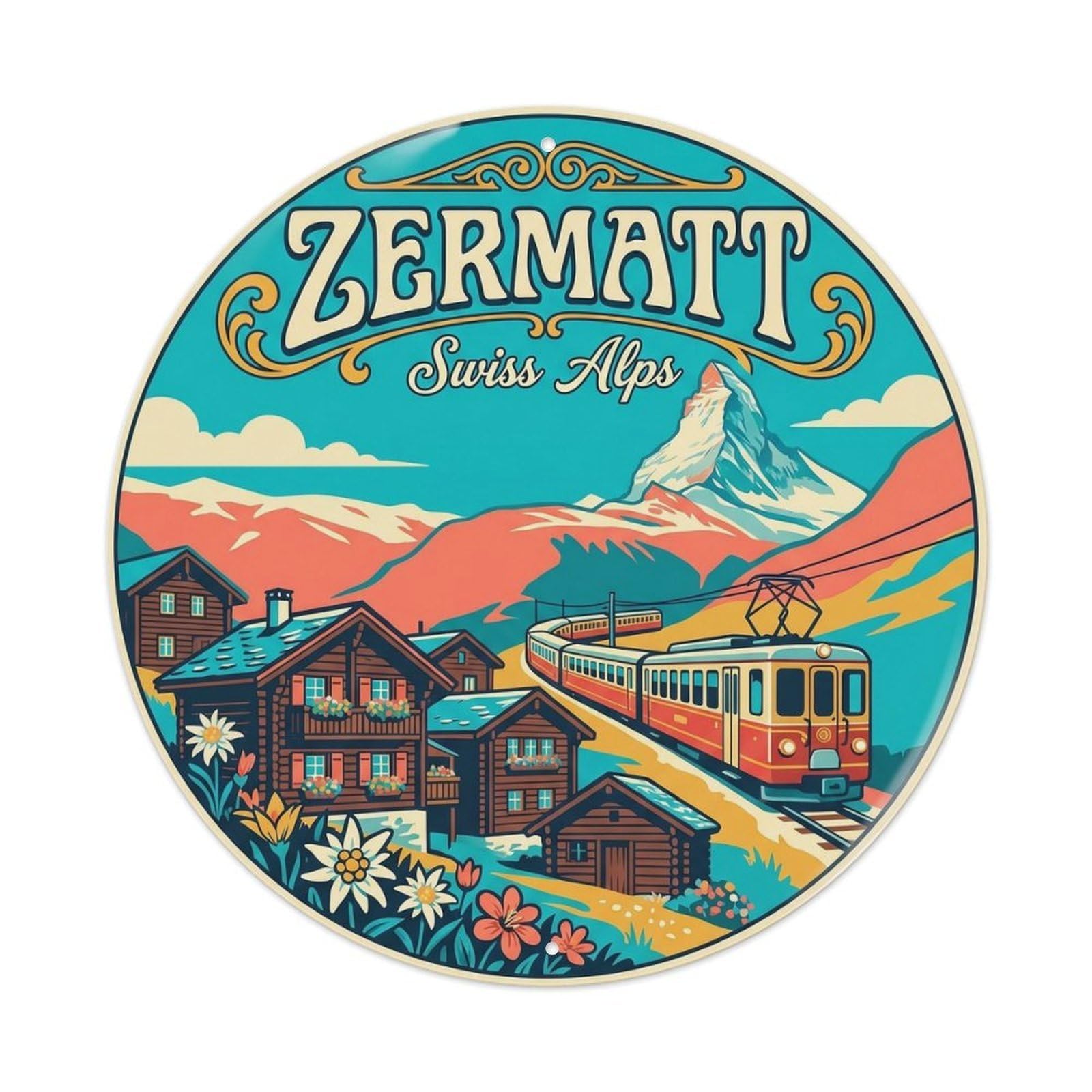 Classic Swiss City Alpine Village Scenic Landmark Europe Metal Tin Sign Plaque Wall Decor for Cafe, Man Cave, Club Bar, Office, Home Garden Round Metal Poster 8x8Inch
