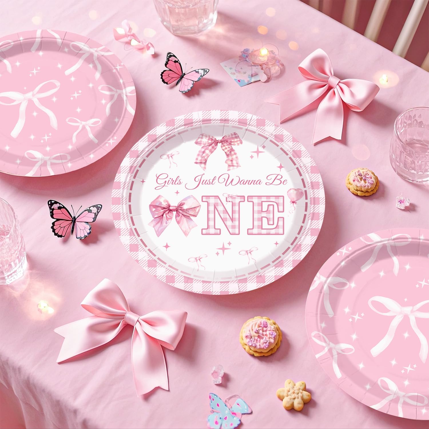 235 PCS Pink Bow 1st Birthday Decorations, All-in-1 Supplies Pack, Includes 20 Girls Just Wanna Be One Theme Tableware, 1st Party Hat, High Chair Banner, for Pink 1st Birthday Bow Theme