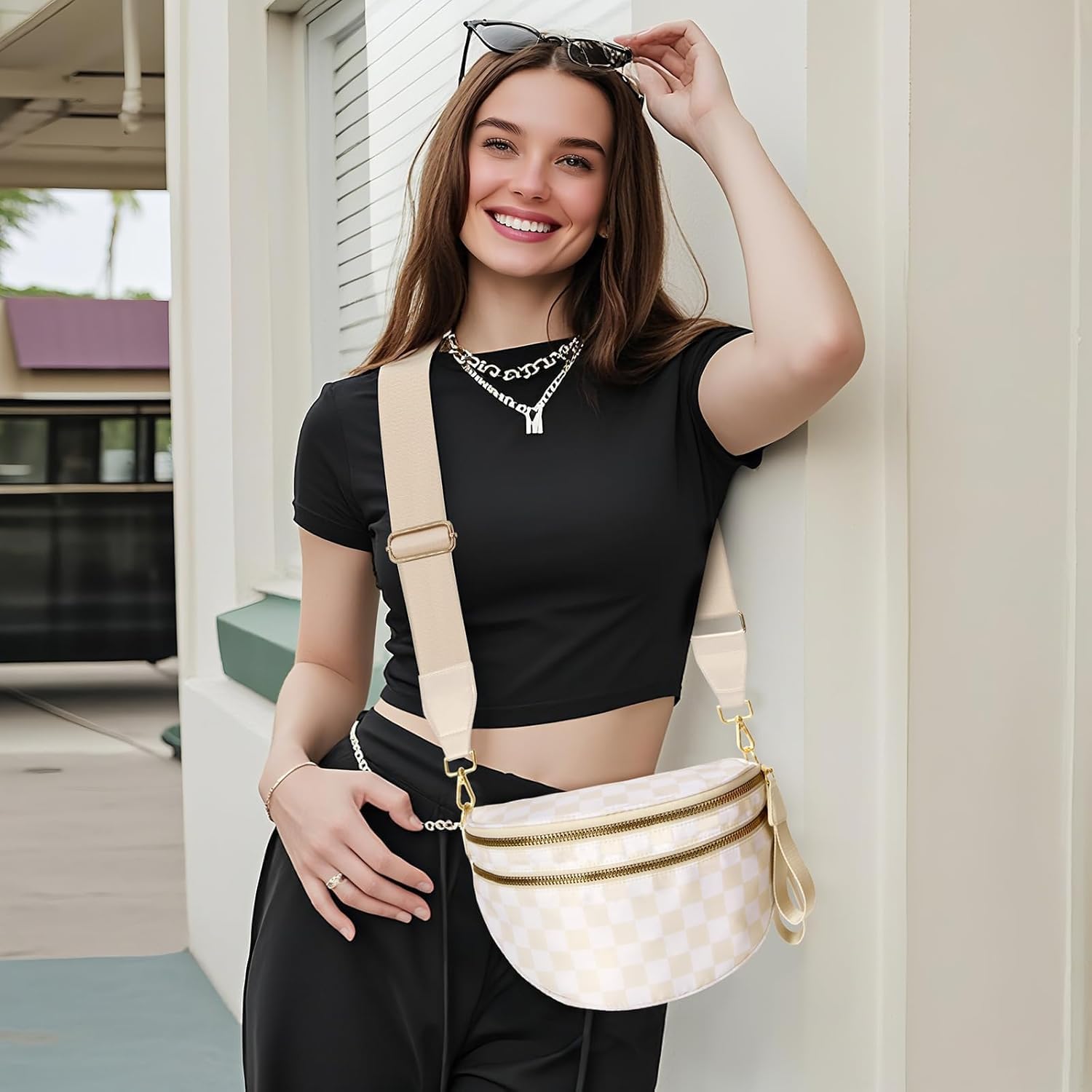 Checkered Crossbody Bag for Women - Nylon Bum Bag, Women's Crossbody Purse, Handbags, Sling Fanny Pack (Beige Checkered) - Image 2