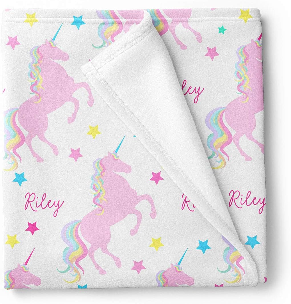 Personalized Unicorn Fleece Baby Blanket, Pink and Rainbow Star Print