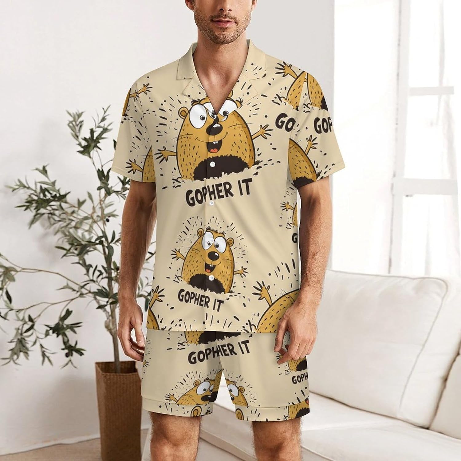 Gopher It Men's Short Sleeve Pajama Set Satin Silk Like Lounge Sleepwear