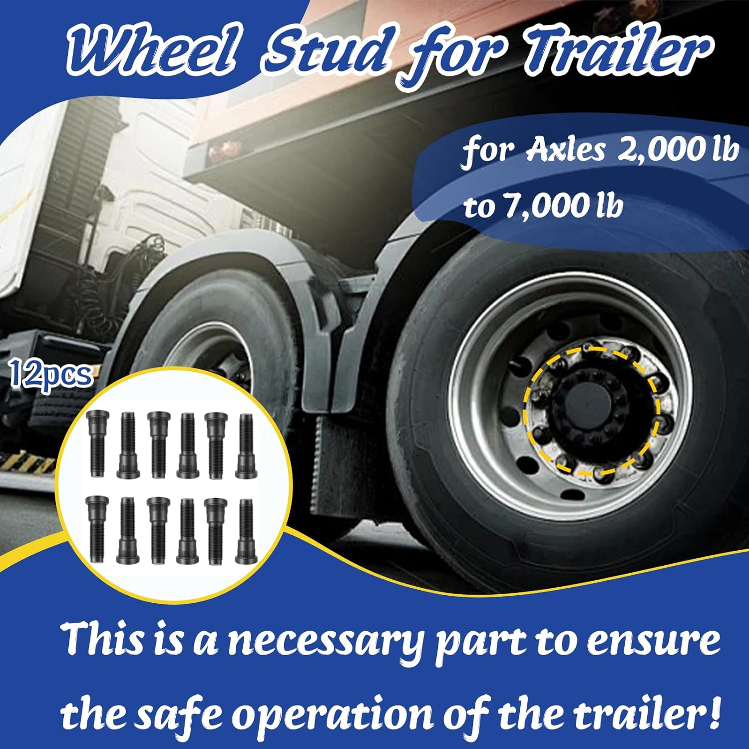 12-Pack Replacement Set for Trailer Hub/Wheel,Wheel Stud for 2,000-7,000 lb Trailer Axles - Easy Install Press-in Studs 0.78" Head 2.15" Length