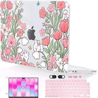 Compatible with MacBook Neo 13 inch Case 2026 Release A3404 Cover, Ultra-Thin Pattern Plastic Hard Shell Case Keyboard Cover Screen Protector Dust Plug, Flowers & Cute Rabbits