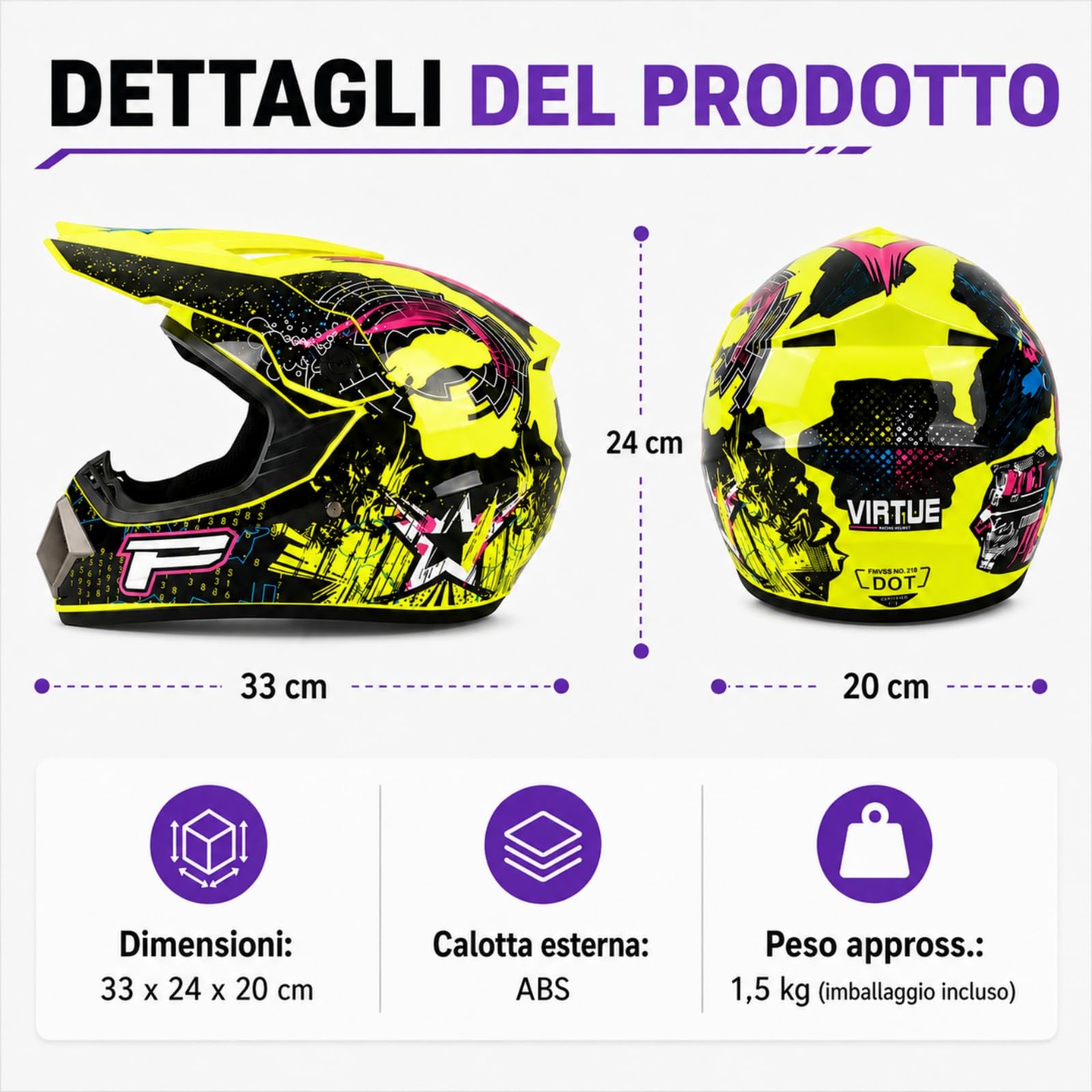 Set Casco Cross Integrale giallo neon e nero con Occhiali e Guanti