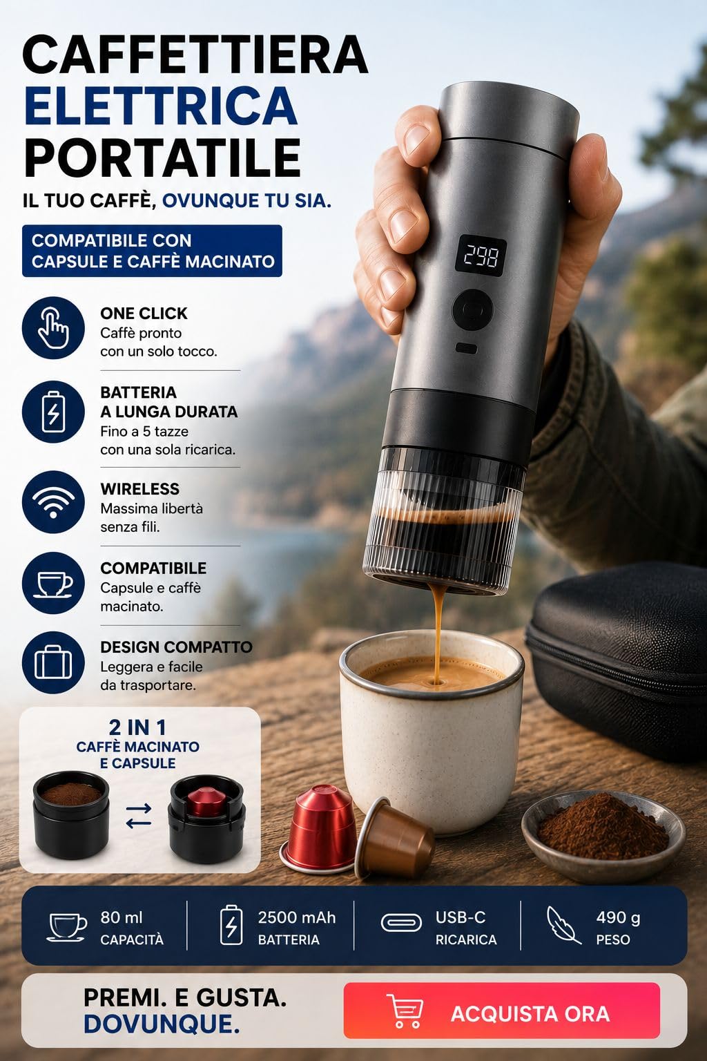 Caffettiera Elettrica Portatile Ricaricabile USB-C 2 in 1 – Compatibile con Capsule e Caffè Macinato, Display Digitale, Wireless, Macchina da Caffè da Viaggio per Auto, Campeggio, Ufficio e Outdoor