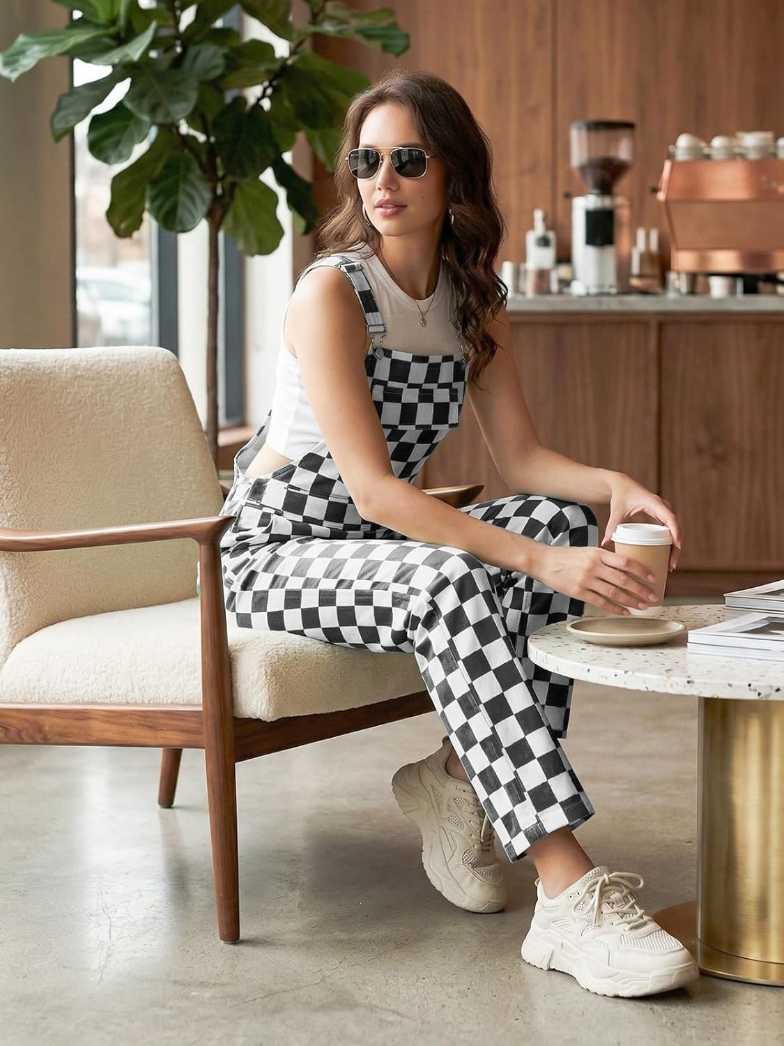 Checkered Bib Overalls for Women– Long Denim Jean Jumpsuit, Casual Fit with Adjustable Shoulder Straps