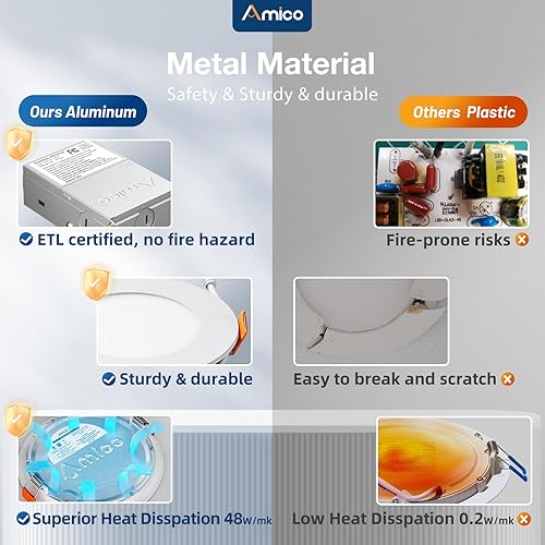 Miniatura 3 de Amico 6 Pack 4 Inch 5CCT Ultra-Thin LED Recessed Ceiling Light with Junction Box, 2700K3000K3500K4000K5000K Selectable, 11W Eqv 70W 800LM Brightness