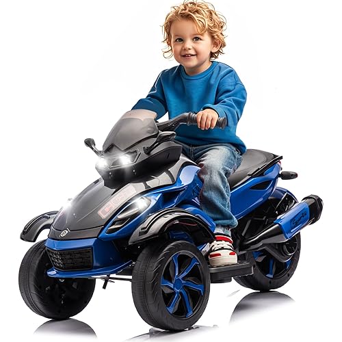 12V 3-Wheel Ride on ATV Electric Motorcycle for Kids, w/LED Lights, Music, One-Button Start, Forward/Backward, All-Terrain Wheels, Kids ATV Ride on Toy for Toddler Ages 3+, Easy Assemble, Blue