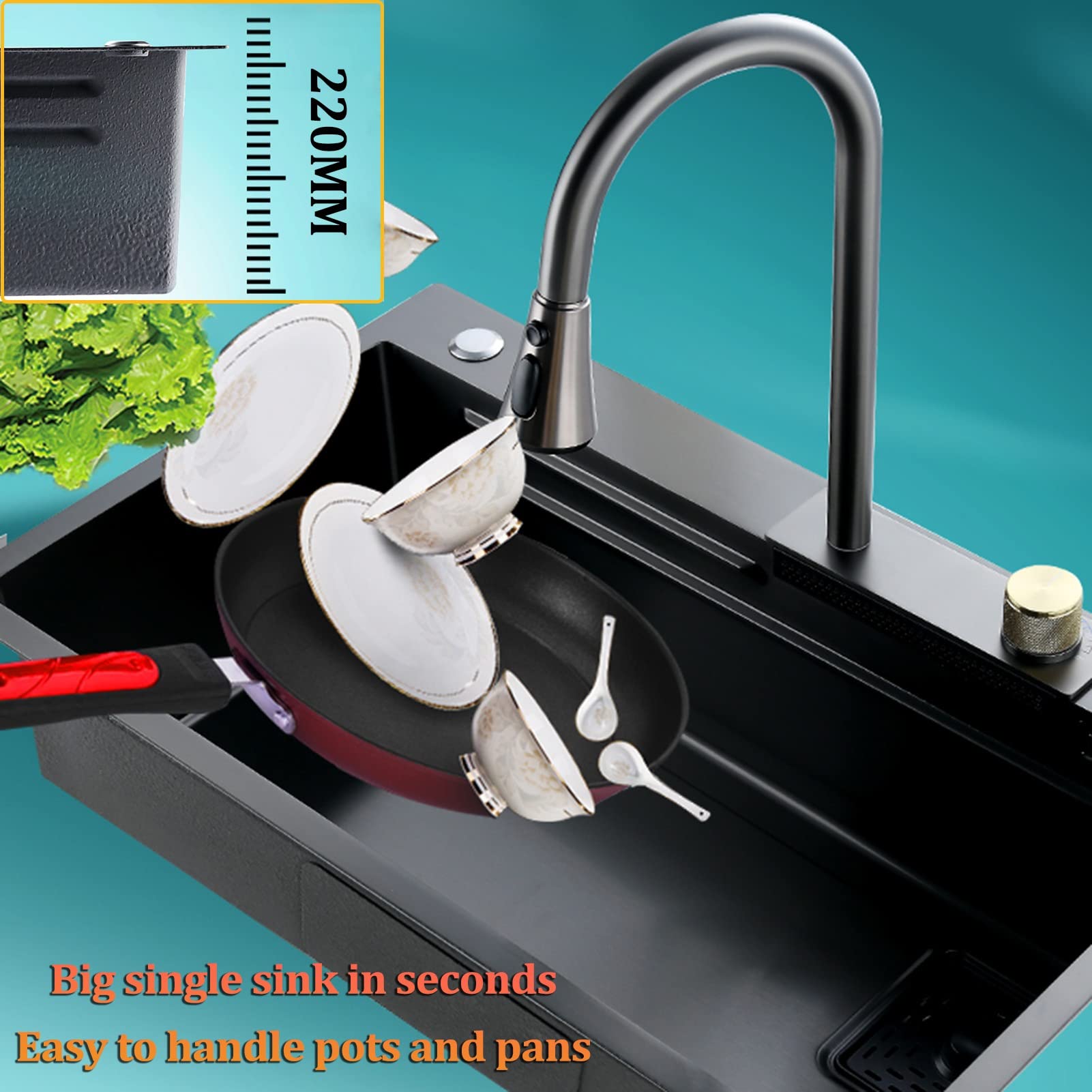 Lavello Da Cucina, Nuovo Lavello A Cascata In Acciaio Inossidabile, Lavello Da Cucina, Lavello Da Postazione Di Lavoro A Vasca Singola, Con Lavatrice/Nero-Grigio/68 * 45 -Black-grey-75*45*22Cm