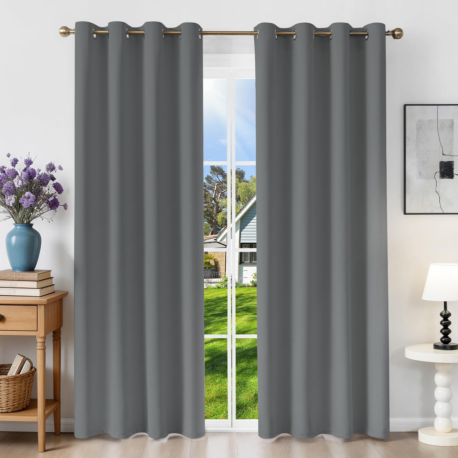 Runyéla Blackout Curtains for Bedroom Eyelet 46 x 72 Inch Drop Grey Thermal Black Out Curtain for Living Room, 2 Panels, Light Grey