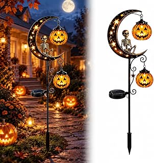 Solar Halloween White Ghost & Pumpkin Moon Garden Stake Light, Halloween Witch Cauldron Garden Light, Outdoor Waterproof LED Yard Decoration with Crescent Moon for Yard Pathway Patio (Style C)