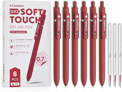 STAGEEK 6Pcs Red Gel Pens GX3, 0.7mm Fine Point Smooth Writing Red Ink Pens with 3 Extra Refills, Nurse Pens for for Adults, Men, Women, School, Office, Journaling