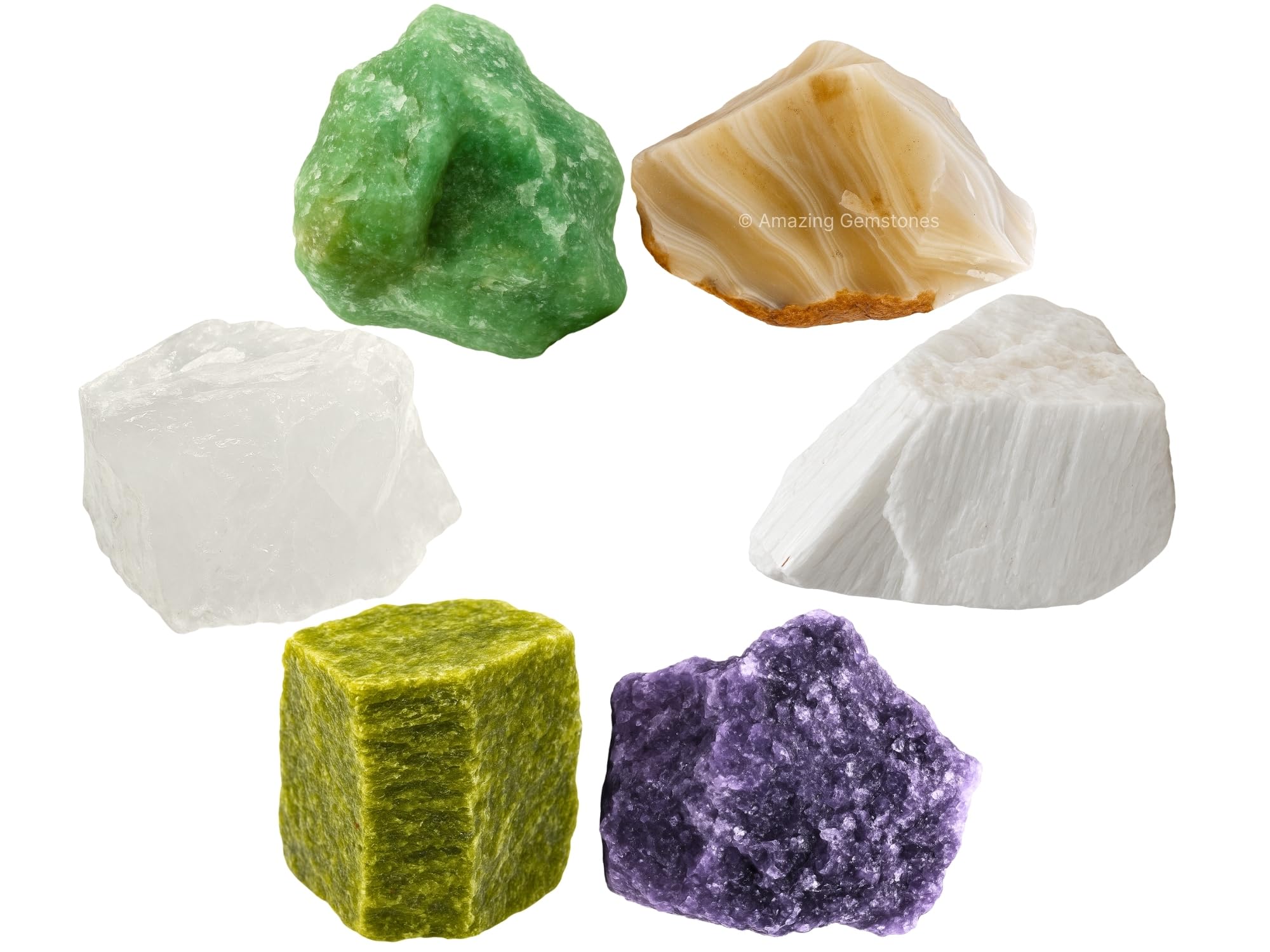 Amazing Gemstone Crystals for Emotional Trauma Manifestation, Set of 6 Lepidolite, Green Aventurine, Scolecite, Vesuvianite, Lace Agate and Clear Quartz Healing Crystals and Stones