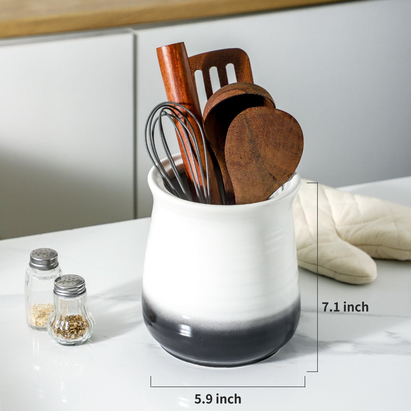 Hasense Kitchen Utensil Holder, 7.1" Large Utensil Holder, Ceramic Utensil Organizer for Kitchen Counter, Utensil Caddy for Utensil Set, Unique Utensil Crock Kitchen Decor, Gradient Black
