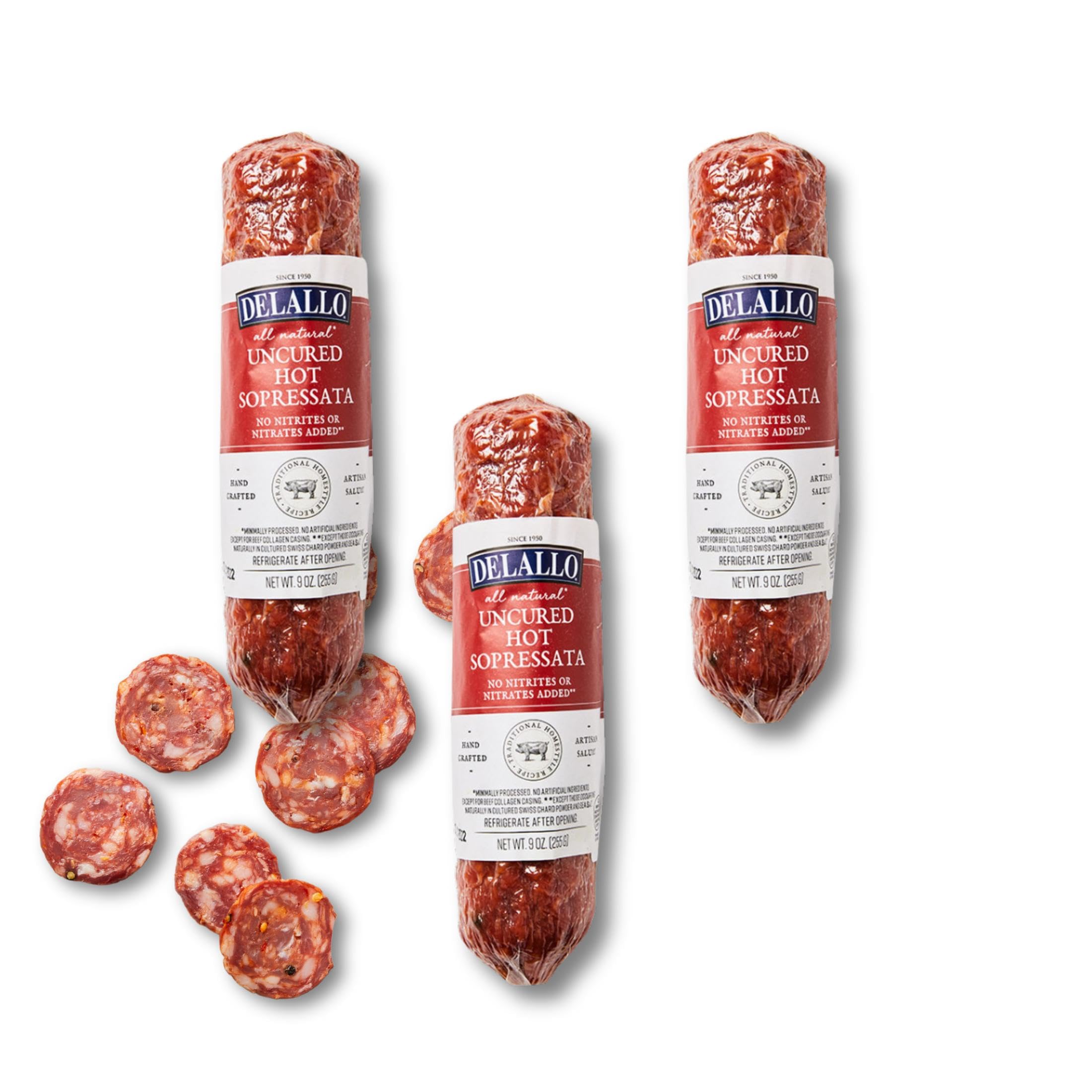 DeLallo Hot Sopressata, Spicy Italian Dry Sausage, Seasoned with Chili Peppers, Black Peppercorns, and Fresh Garlic, Gourmet Meat Stick for Charcuterie Boards and Snacking, Non-GMO, No Added Nitrates or Nitrites, 9 oz Stick, (3 Pack)