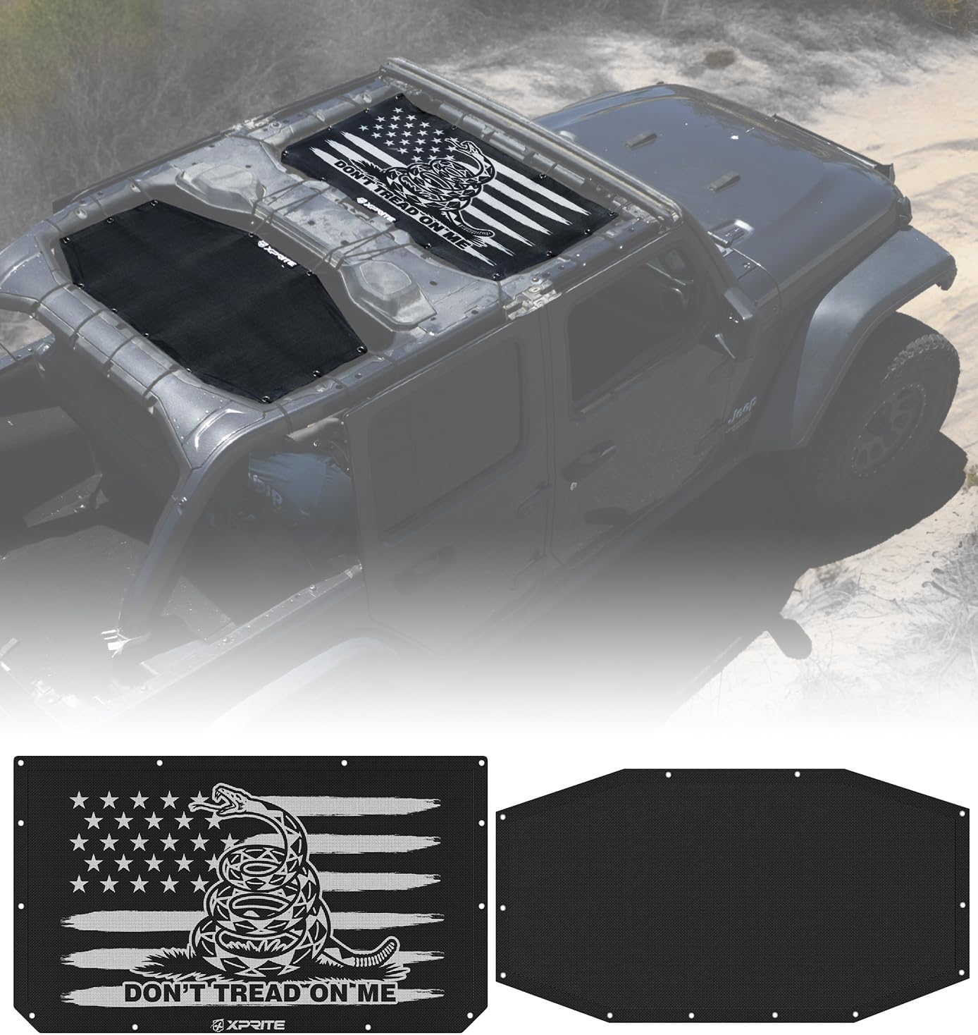Xprite Gadsden Flag Sunshade for 2018-2026 Jeep Wrangler JL 4XE, 4-Door Front & Rear Sun Shade Mesh Top, 2PCS UV/Wind/Noise Blocker, Bikini Top Cover for Off-Road Jeep Accessories