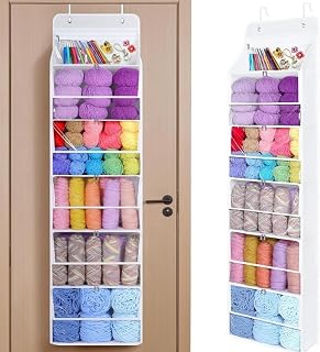 Hanging Yarn Storage Organizer, Large Capacity Yarn Storage Bag with 6 Clear Zipper Closure Compartments Pockets, Dustproof Crochet Bag for Crafters