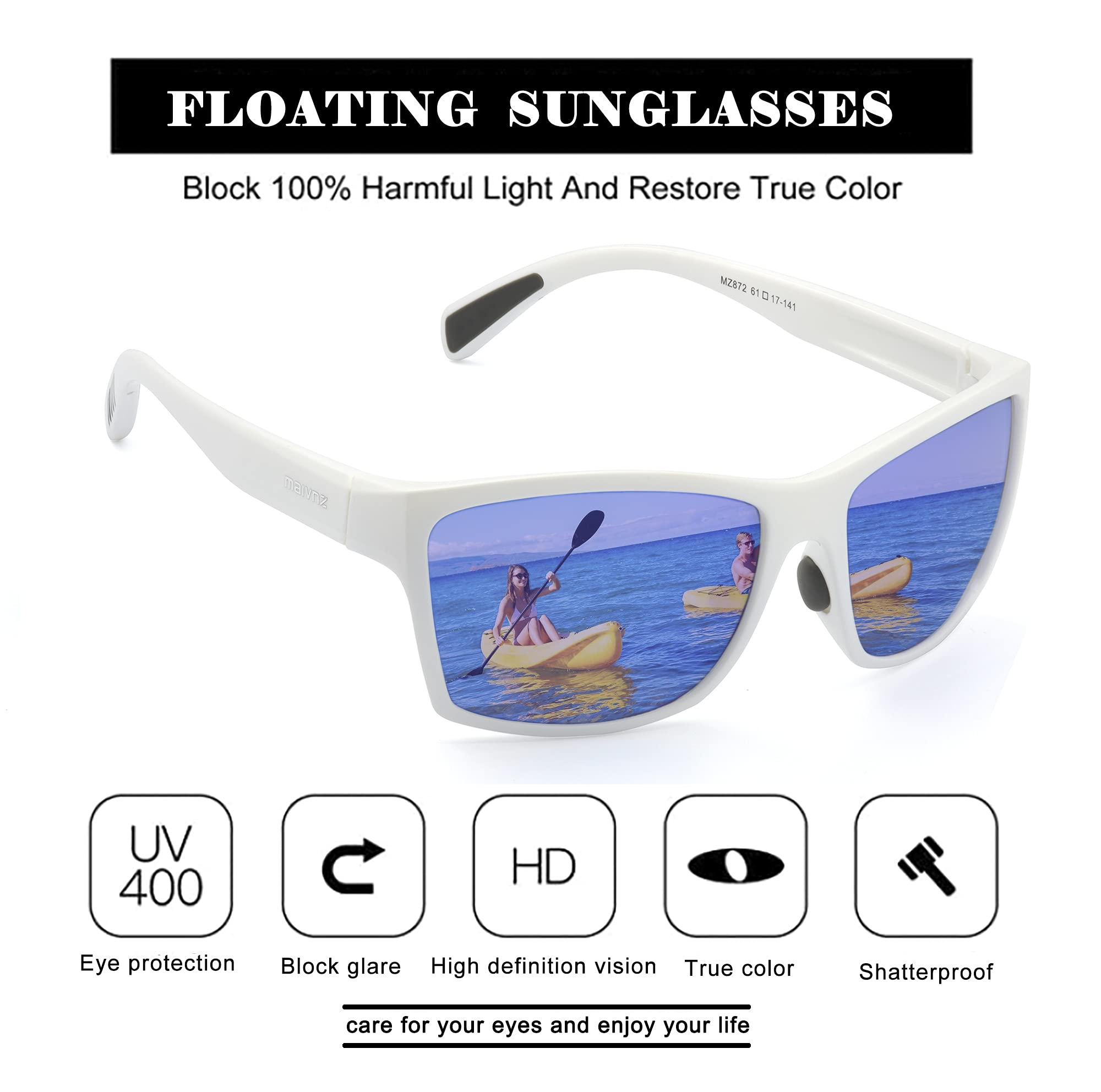 maivnz Occhiali da sole galleggianti polarizzati da pesca per uomo e donna, inaffondabili, UV400, occhiali sportivi per kayak, canottaggio e surf, Montatura Casual Bianca Lenti Revo Blu, conventional