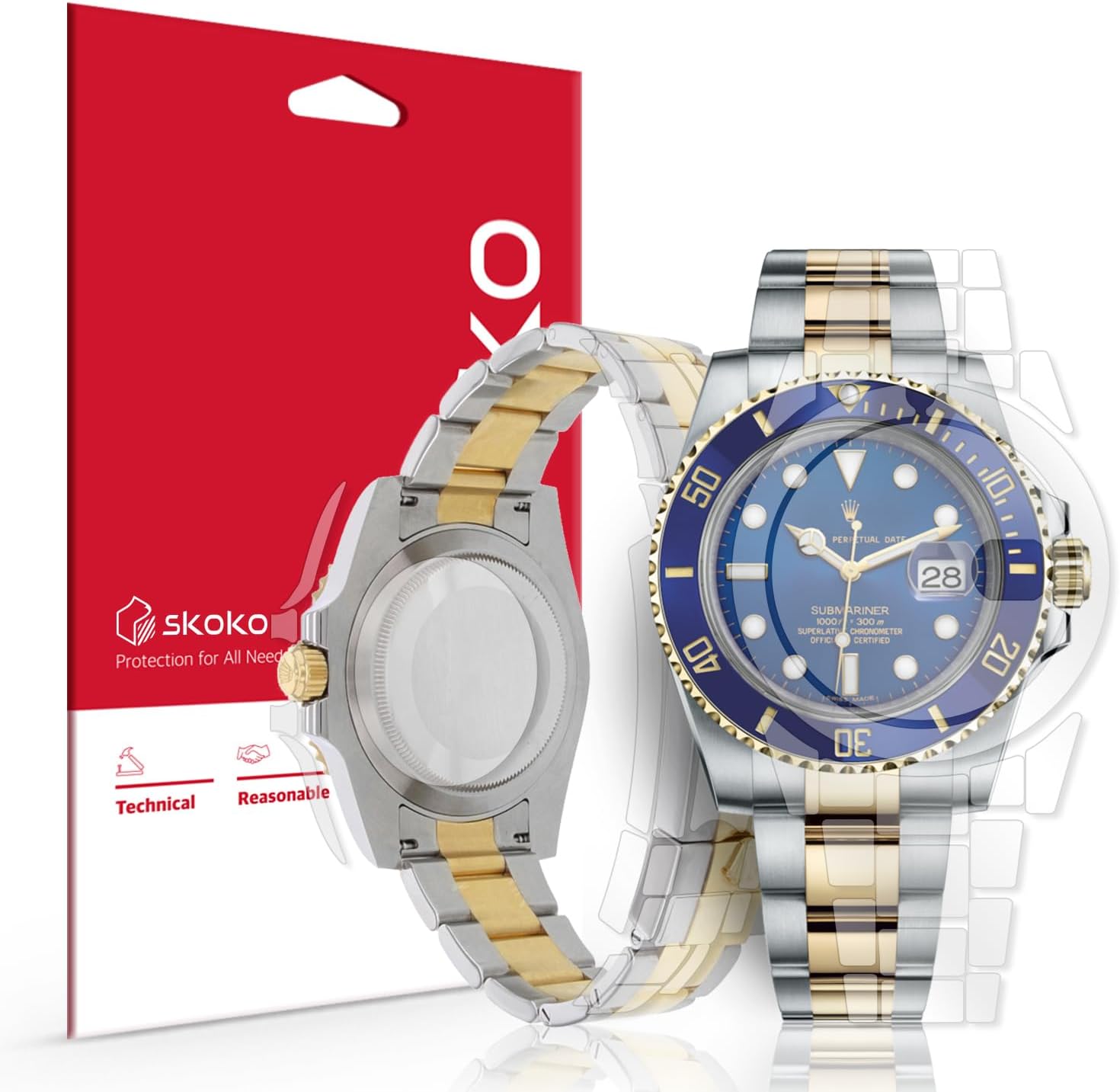 skoko [2 Pack Protective Film Compatible with Rolex Submariner 40mm (1.57 inch) Ref. 116610 116613 116618 116619 116659 with Screen Protector, Full Cover Transparent Clear Skin