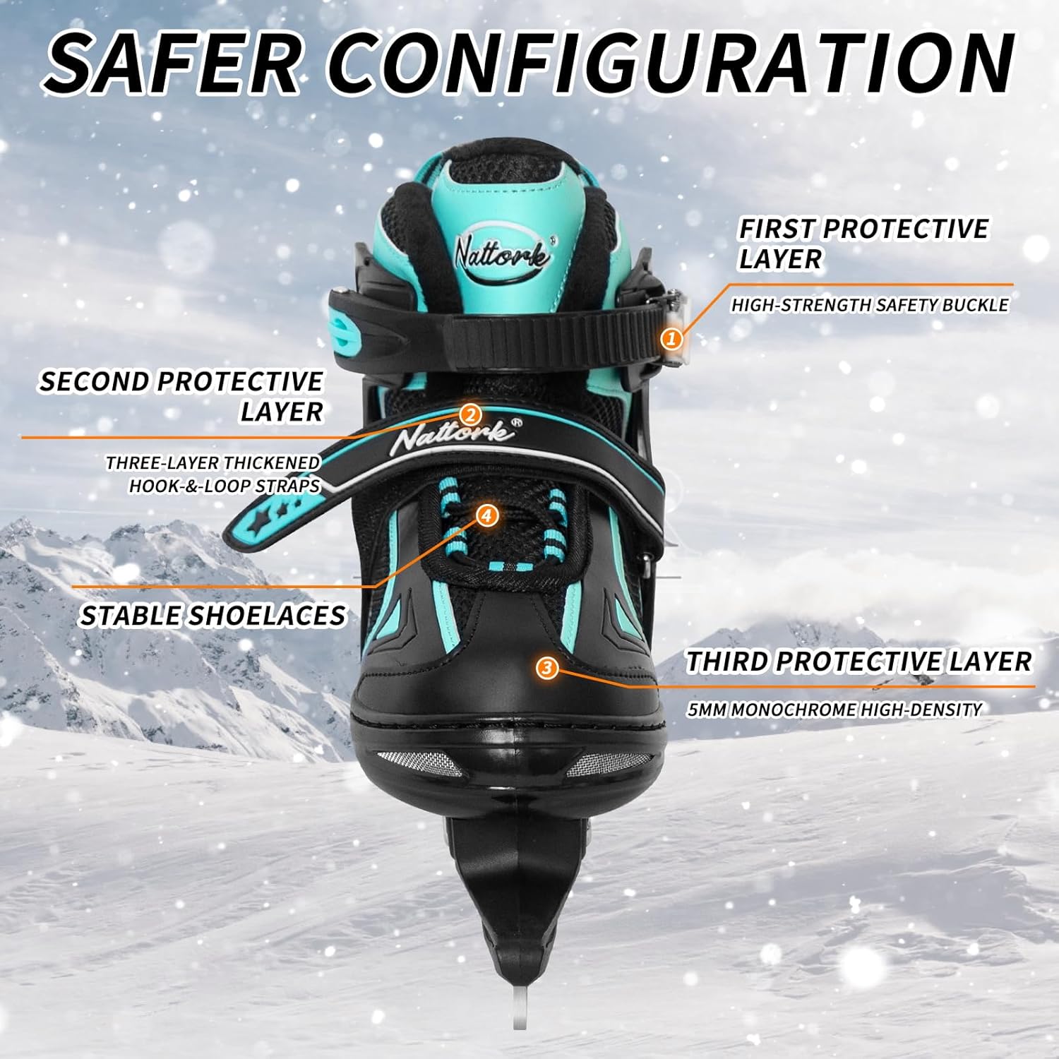 Nattork Ice Skates for Kids, Boys and Girls, Hockey Lace-Up Adjustable Skates Soft Padding and Reinforced Ankle Support for Beginners