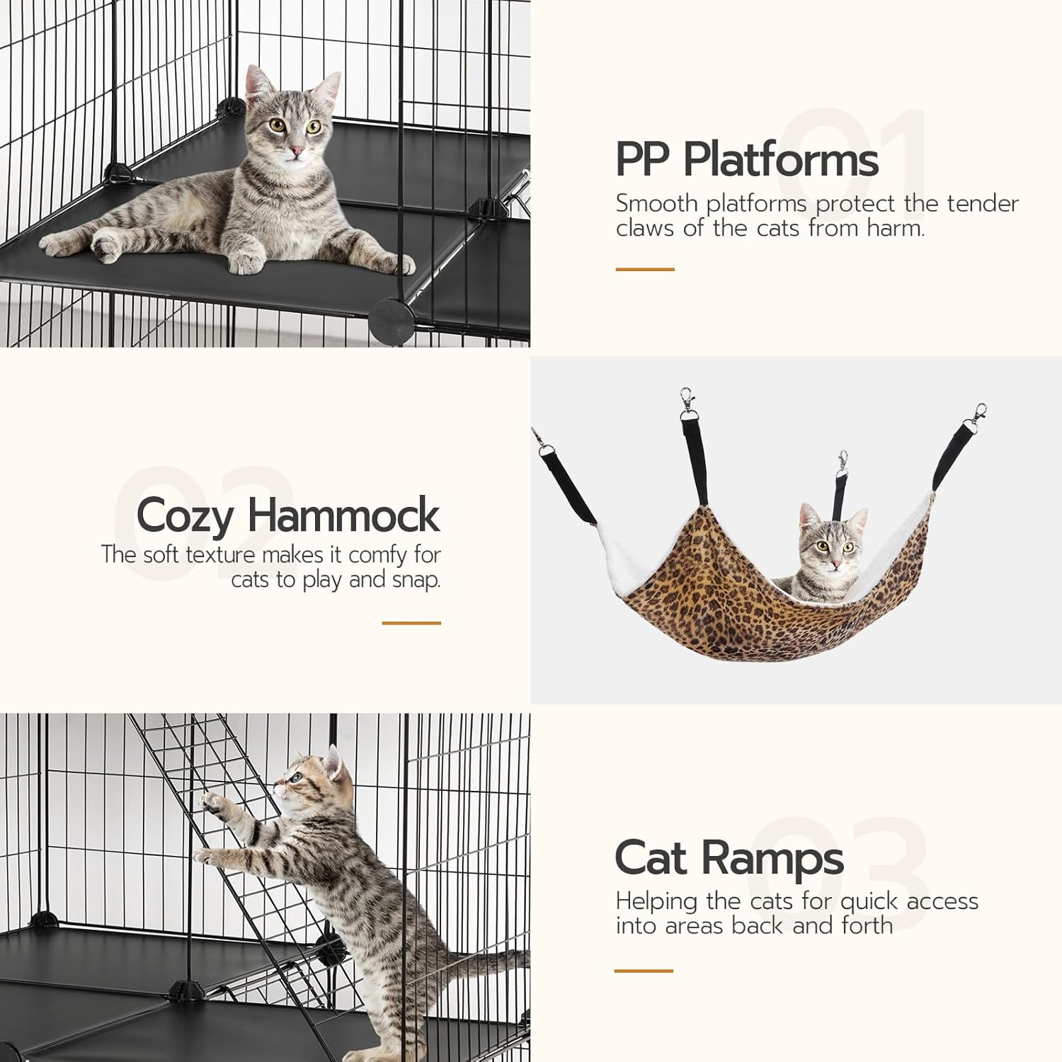 Three images showing details of the cat cage: a cat resting on a smooth PP platform, a cat in a cozy hammock, and a kitten climbing a ramp.