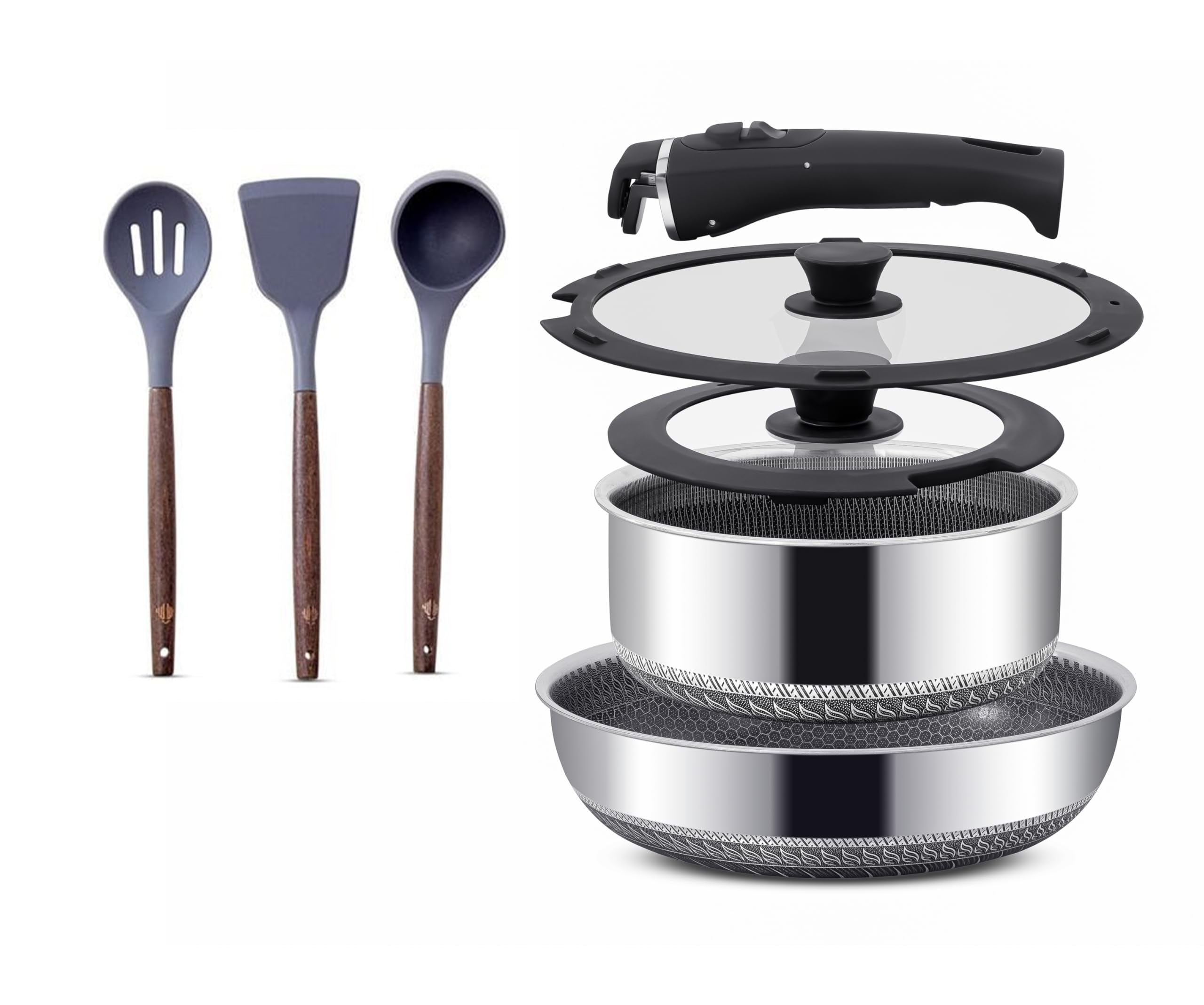 Set di pentole con manico intelligente rimovibile, 8 pezzi, set di pentole da campeggio impilabili, pentole e padelle salvaspazio, set da cucina in acciaio inossidabile, padella profonda 28 cm 4,5 l