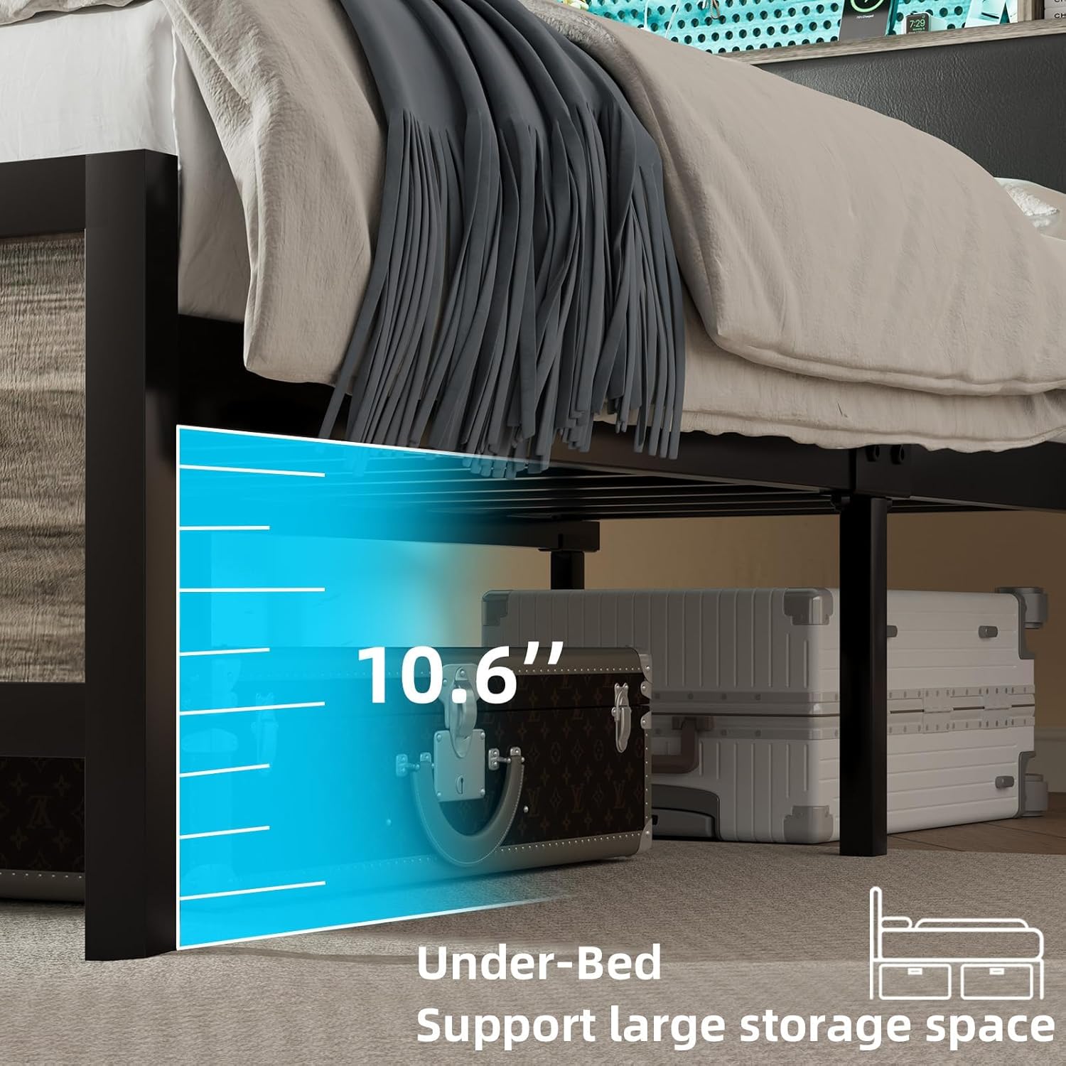 Queen Size Bed Frame with LED Light and Charging Station, Queen Platform Bed Frame with Strong Metal Slat Support, Upholstered Headboard, No Box Spring Needed, Noise-Free, Easy Assembly, Wash Grey