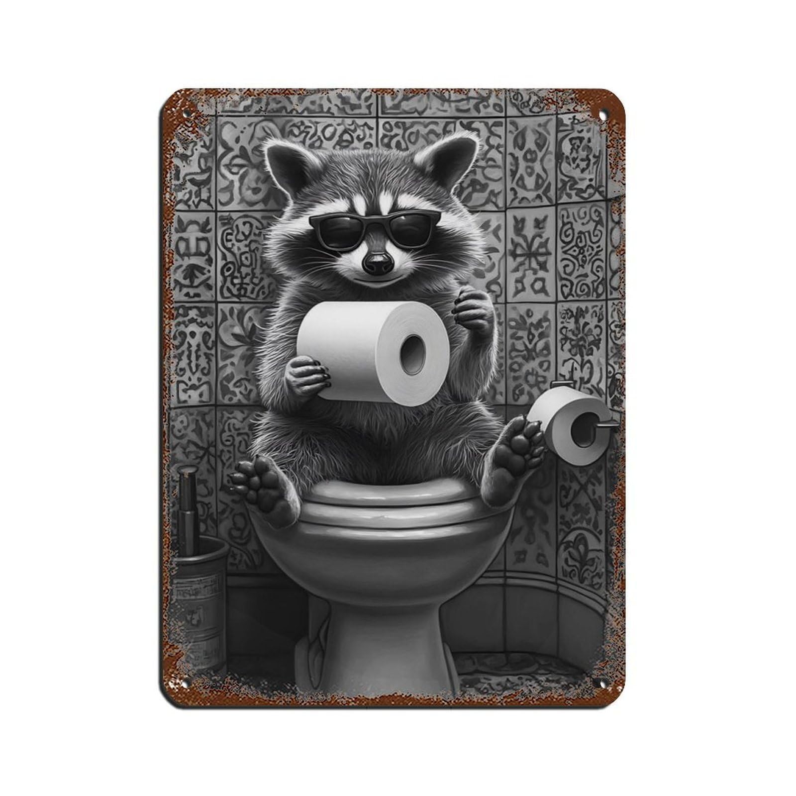 Lxwnze 30L X 40W Cm Quirky Raccoon,Funny Bathroom Decor Retro Poster Metal Tin Sign Chic Art Retro Iron Painting Bar People Cave Cafe Family Garage Poster Wall Decoration 12X16inch(30X40cm)