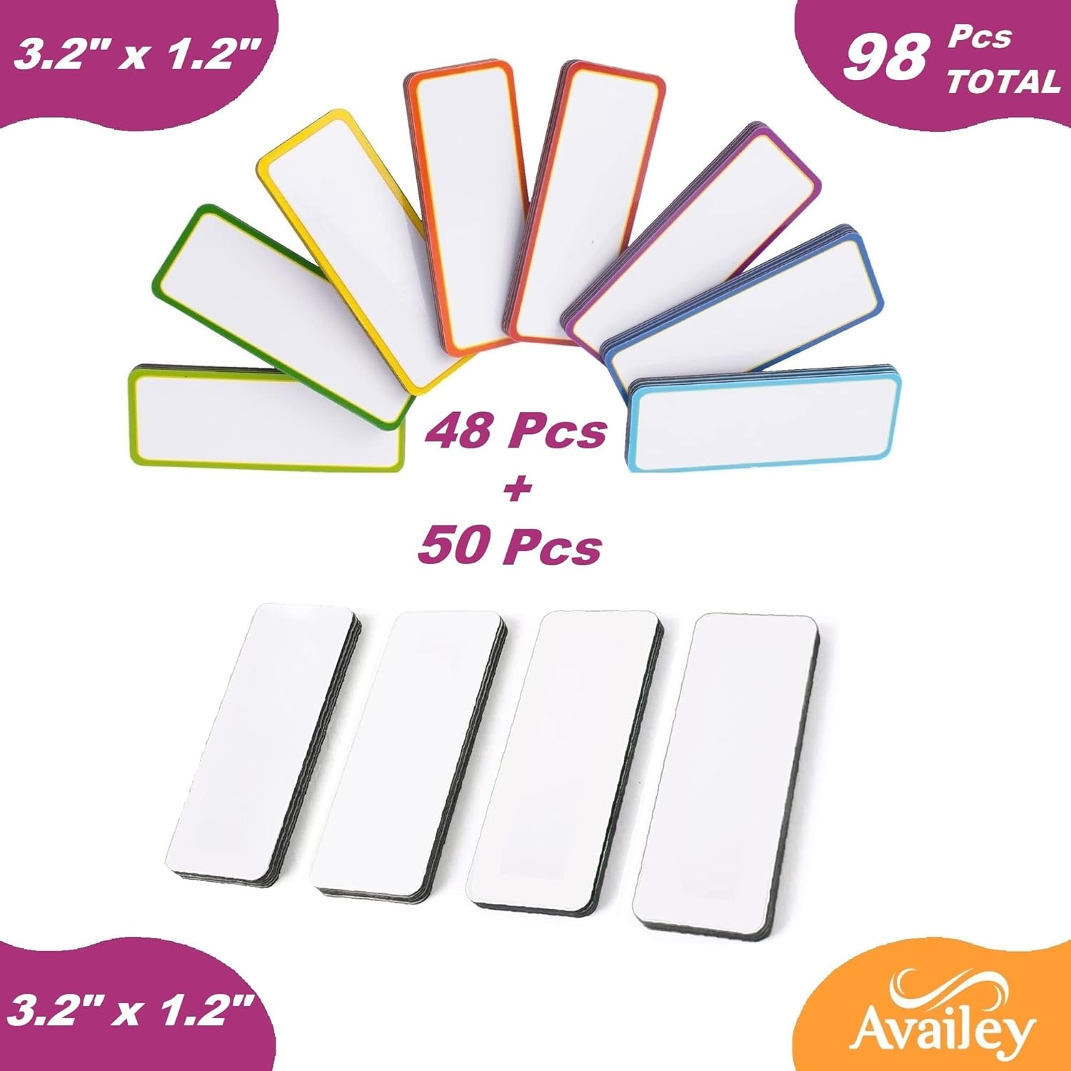 Availey 98 Pcs Magnetic Dry Erase Labels - 48 Pieces of 3.2 x 1.2" with Colored Border and 50 Pieces of 3.2 x 1.2" with Full White Front