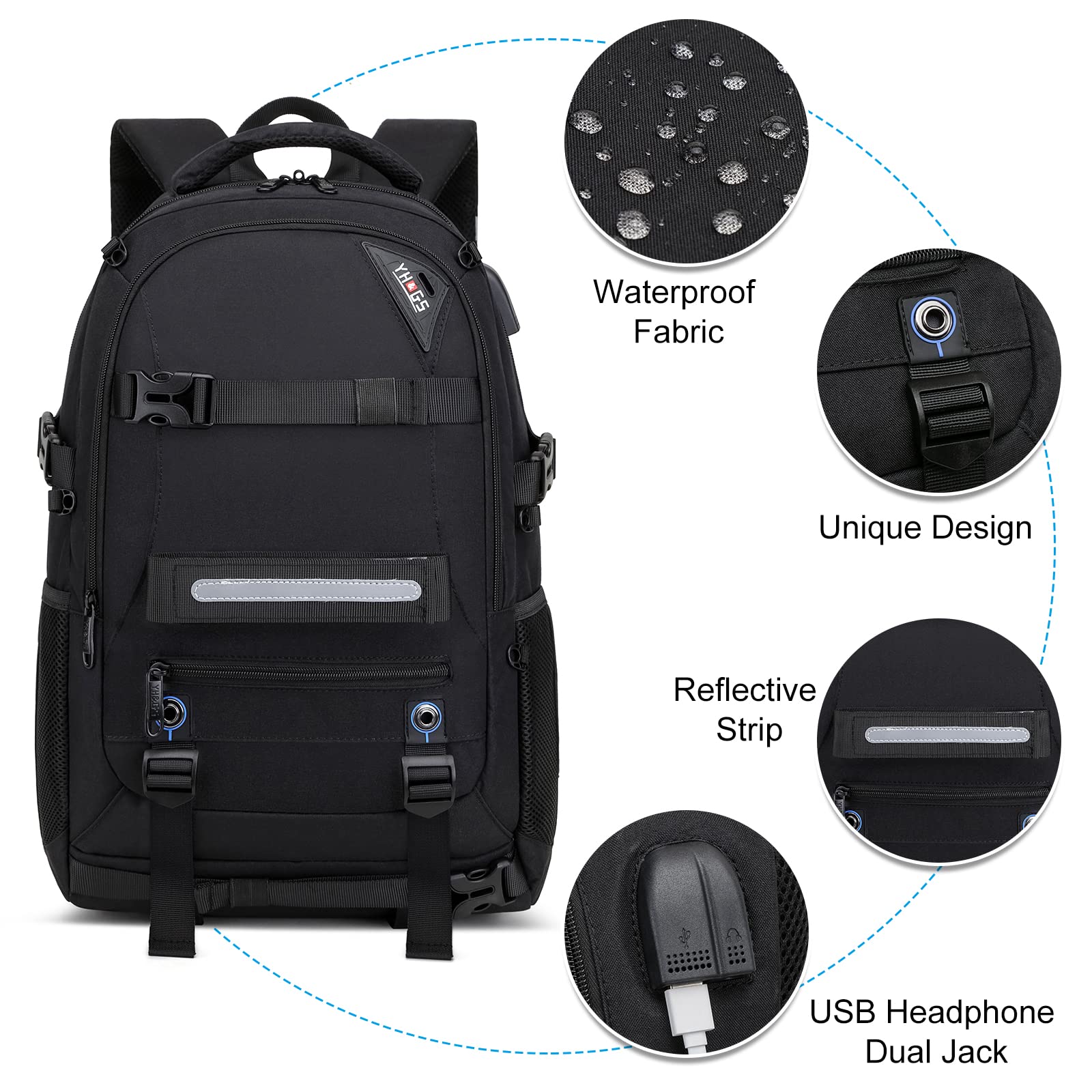 RUCYEN Skateboard Backpack, Laptop Backpack with USB Charging Port, RFID Anti-Theft Lock, Waterproof Fabric, Fits up to 15.6 Inch Laptop, for College School Business Travel Men Boy (Black)