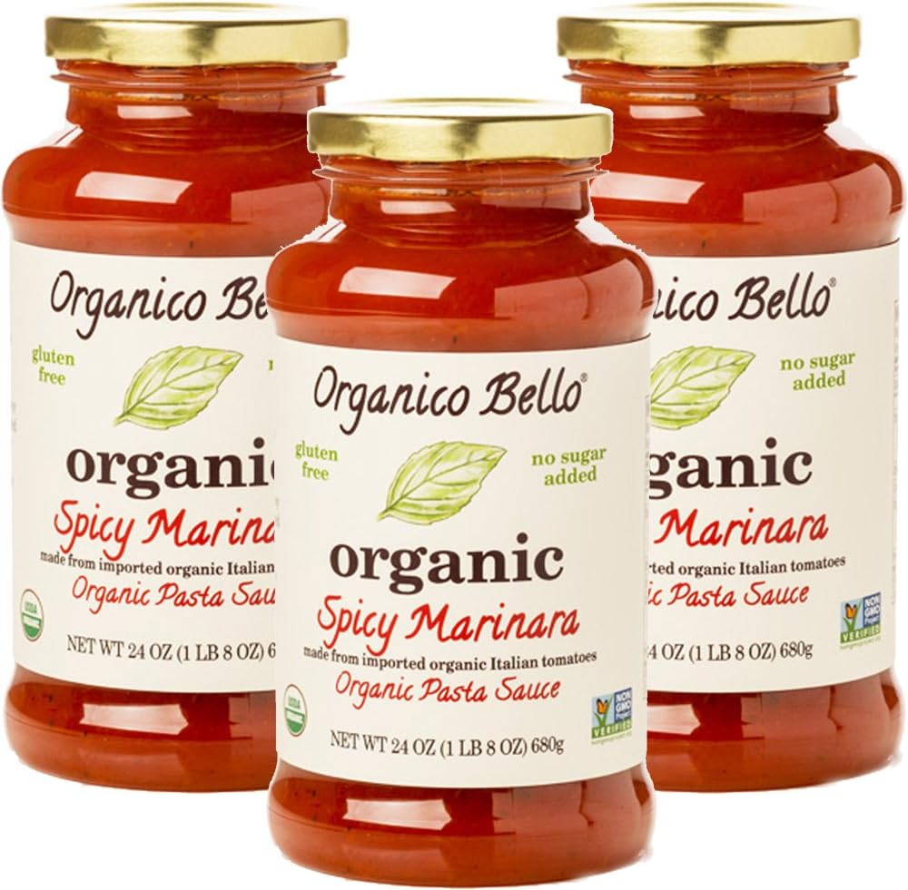 Organico Bello - Organic Gourmet Pasta Sauce - Spicy Marinara - 24oz (Pack of 3) - Non GMO, Whole 30 Approved, Gluten Free