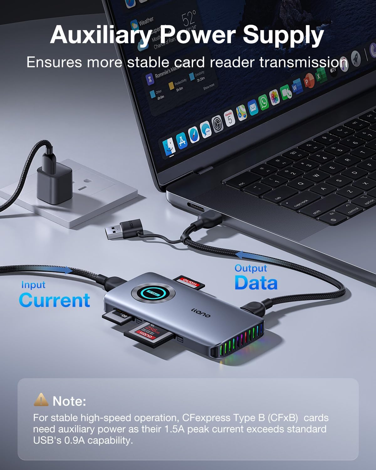 llano card reader connected to laptop with auxiliary power