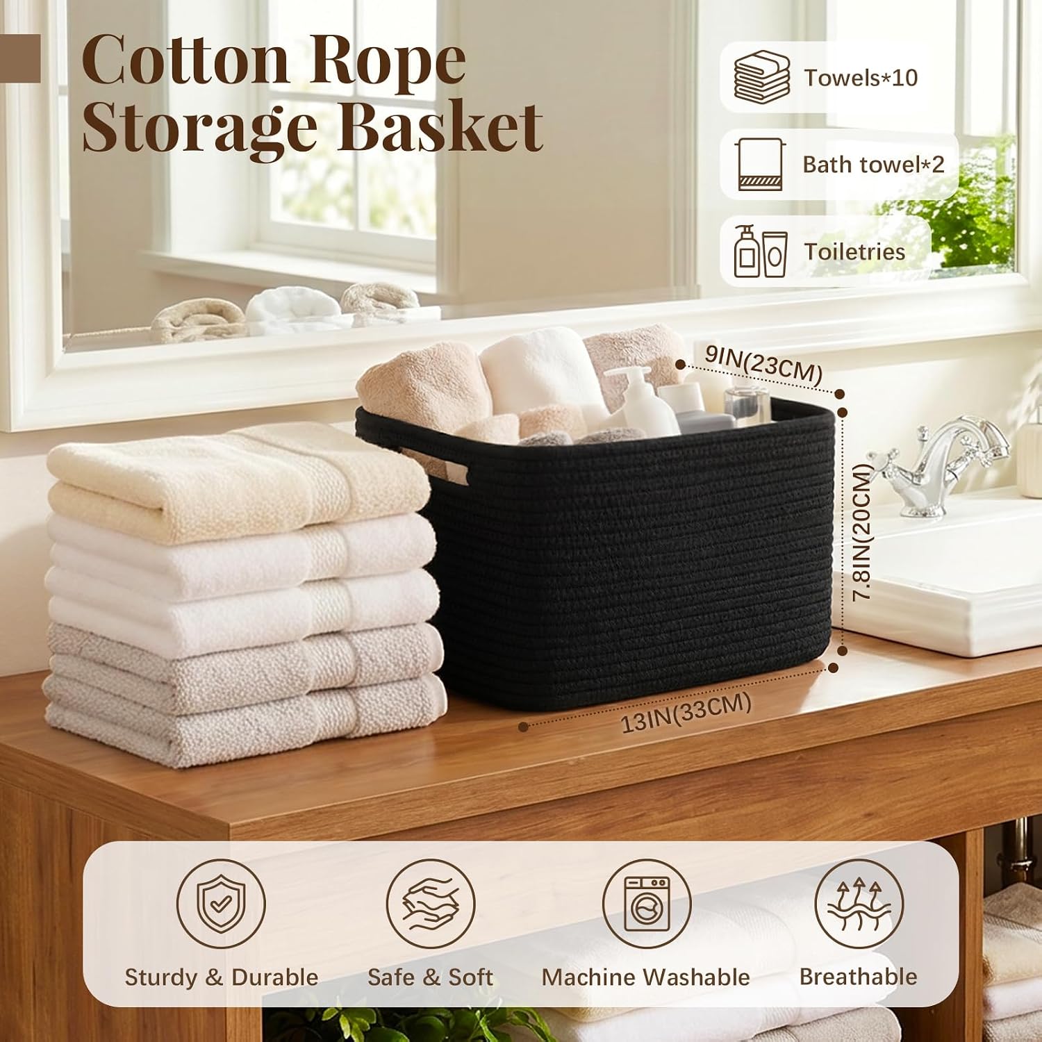 OIASKET 4Packs Natural Cotton Rope Storage Baskets for Organizing Toys, Clothes, Towels & Books, Soft Versatile Organizers for Shelves, Home Decorative Bins, 13''Lx9''Wx7.8''H, Black image 2