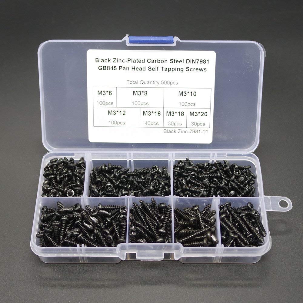 500pcs M3/3MM Diameter Phillips Pan Head Screws Self Tapping Drilling Screws Assortment Kit Carbon Steel 6mm 8mm 10mm 12mm 16mm 18mm 20mm Length