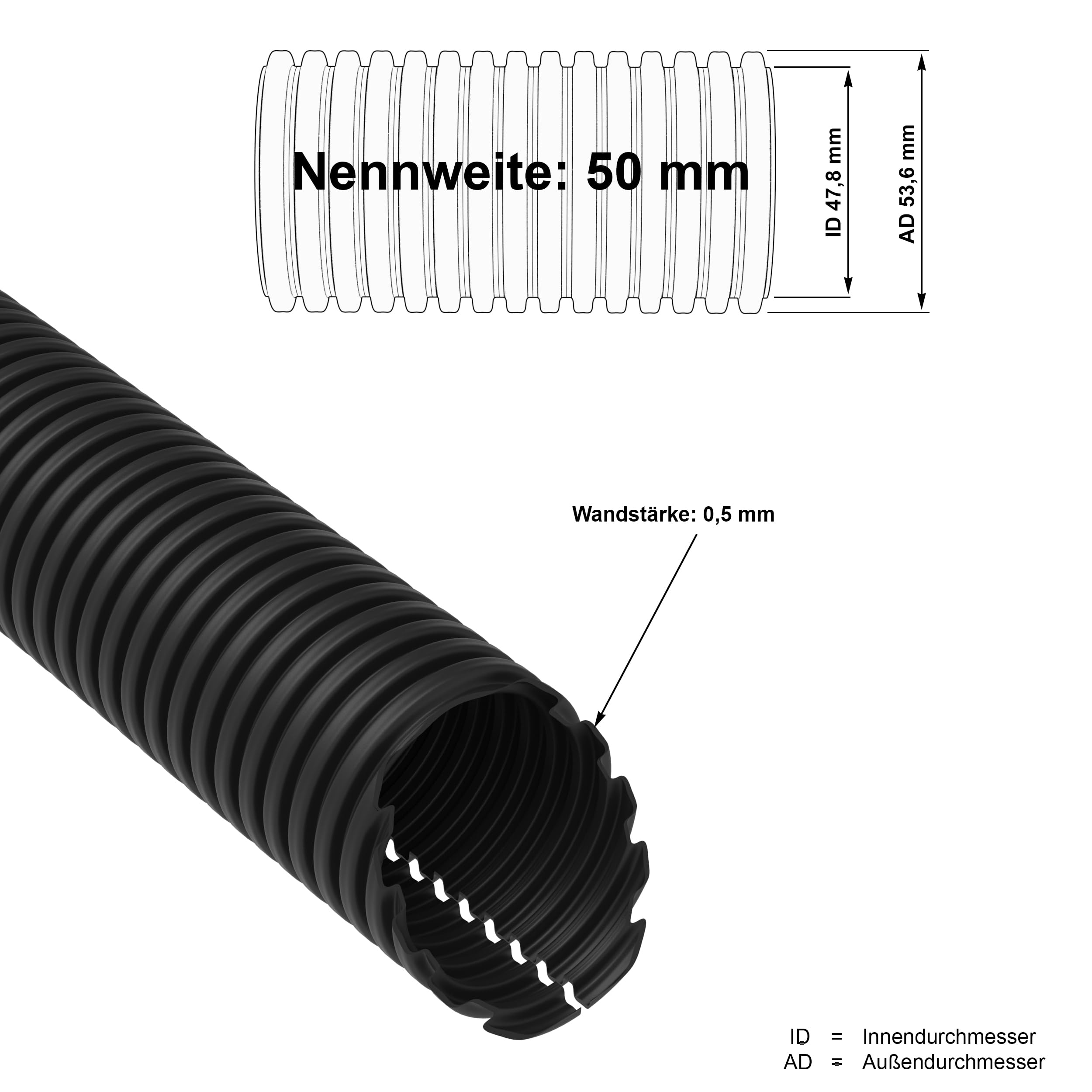 AUPROTEC Ribbelbuis geschlitzt 2 tot 50m / Leeg buis geschlitzt/Ribbelbuis UV bestendig/Kabelbeschermingslang/Kabelslang zwart - Binnendiameter 50 mm, Lengte 25 m