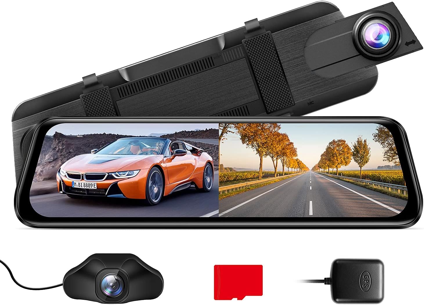 AZDOME Mirror Dash Cam mounted over a rearview mirror, showing the front camera and screen display.