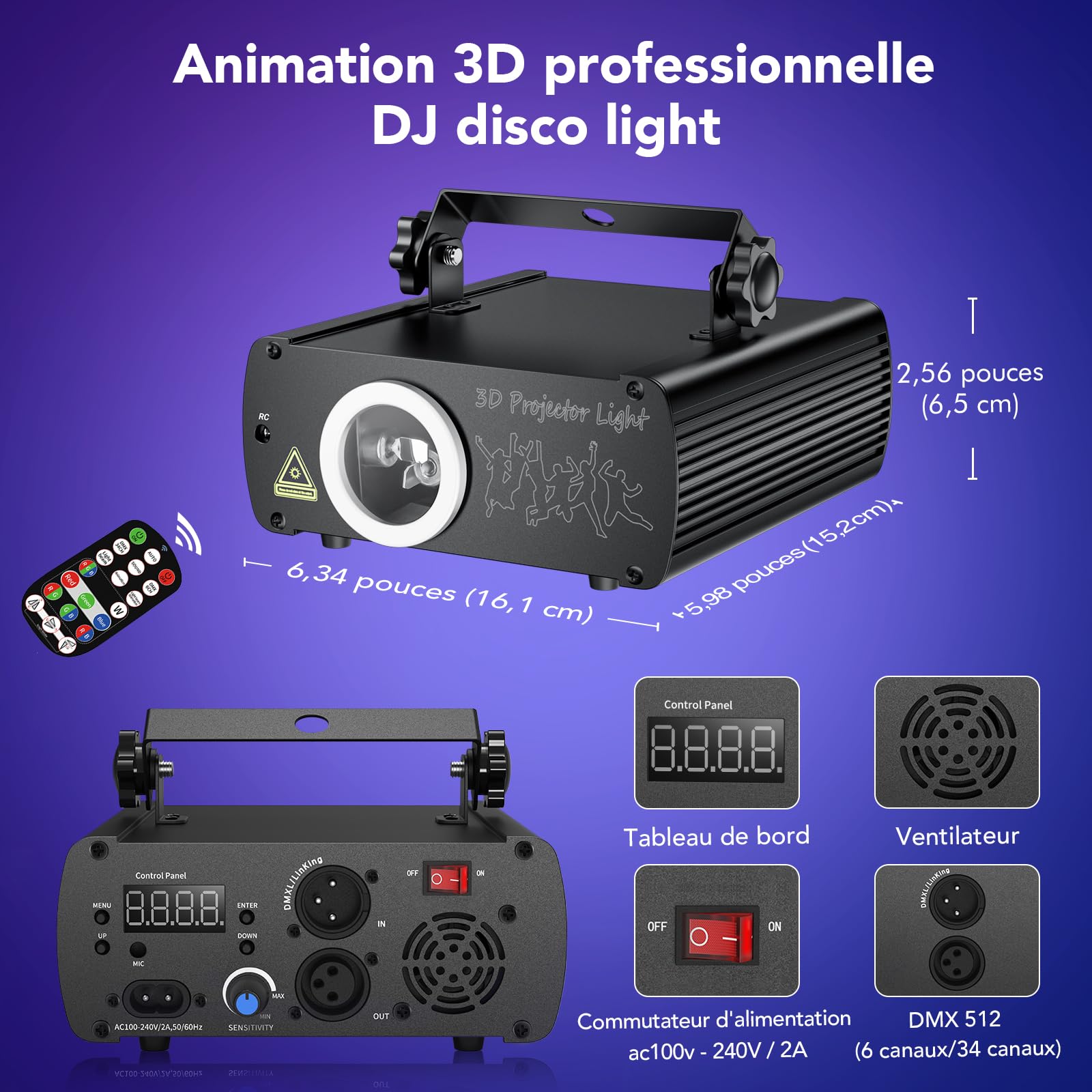 KeoBin Jeu de Lumière 3D RGB DJ DMX512 & Télécommande et Stockage de Motifs