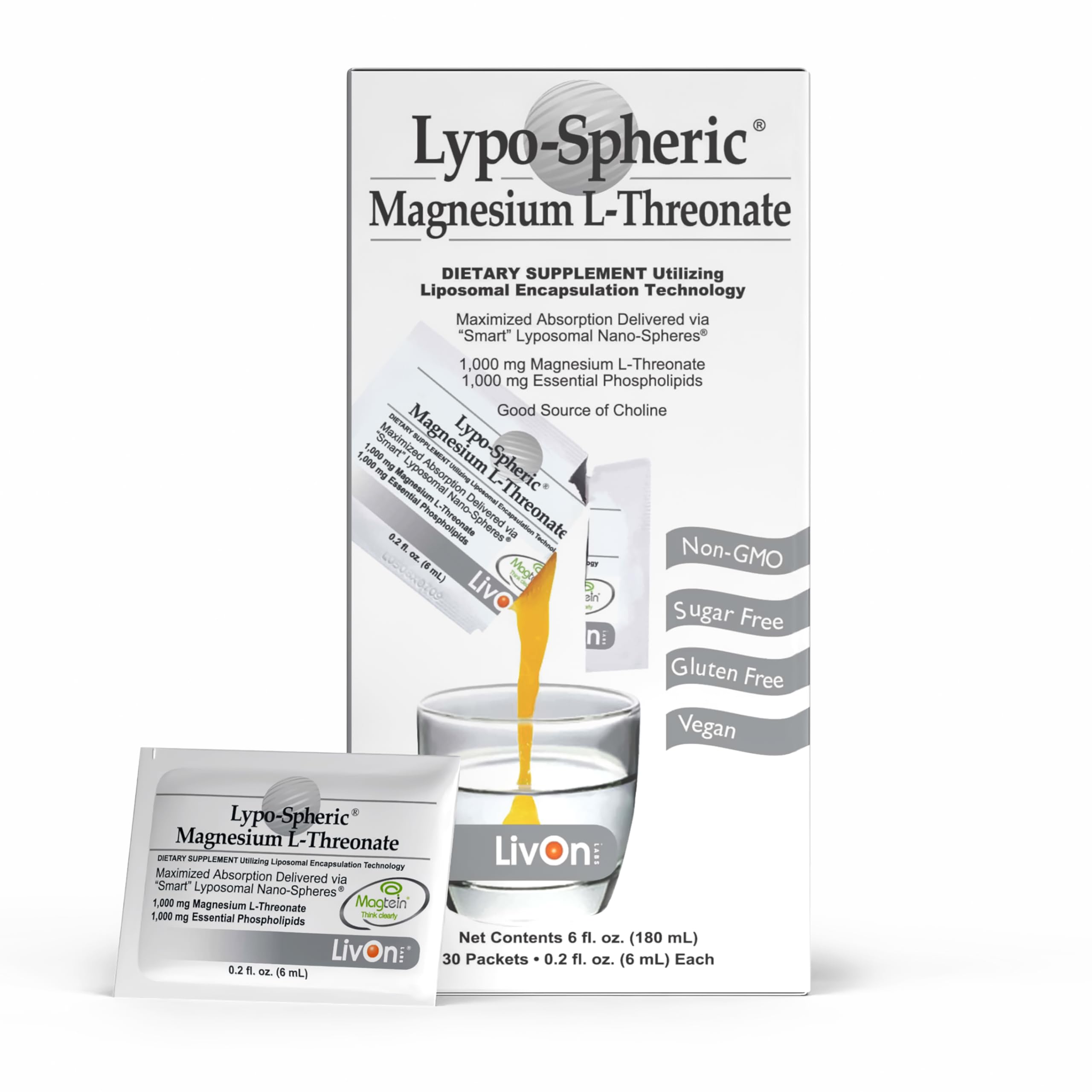 LivOn LaboratoriesLypo-Spheric Lypo Spheric Magnesium L Threonate 30 Packets 1 000 Mg Magnesium Per Packet Liposome Encapsulated For Improved Absorption Professionally Formulated & 100% Non Gmo 30 ca