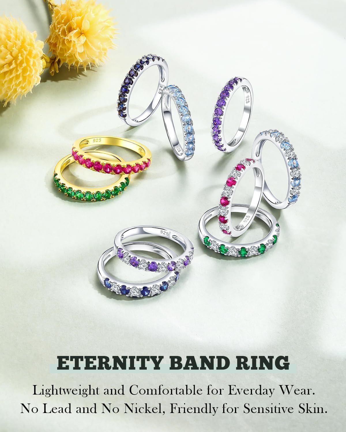 Created Ruby/Sapphire/Emerald Stackable Rings for Women 14K Gold Plated/ 925 Sterling Silver 2.2mm Wedding Band Ring (with Gift Box)