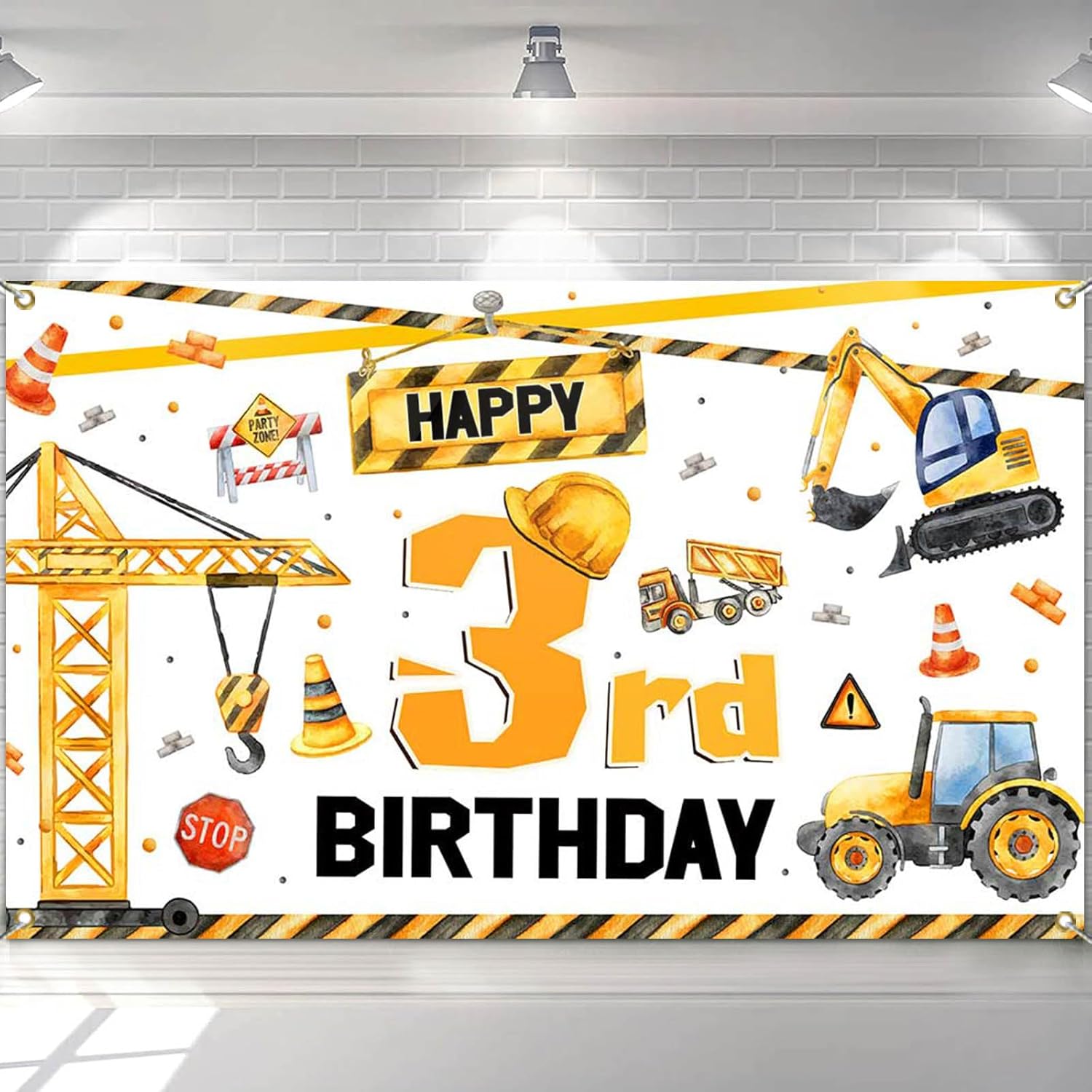 Mocsicka Construction 3rd Birthday Banner Backdrop for Boys 3rd Birthday Party Banner Decorations Yellow Dump Truck Excavator Crane Photography Backdrop Props