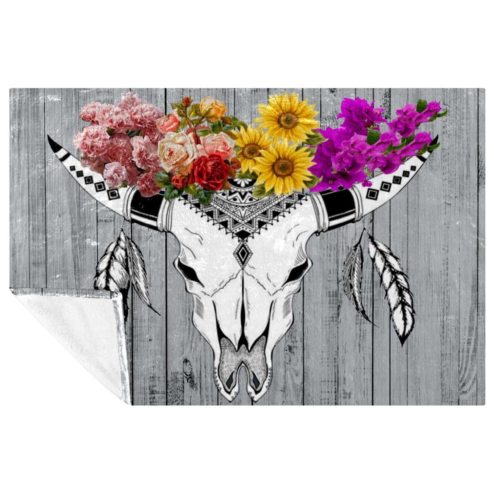 Couverture tête de chèvre et fleurs pour lit et canapé douce et chaude de 150 x 100 cm